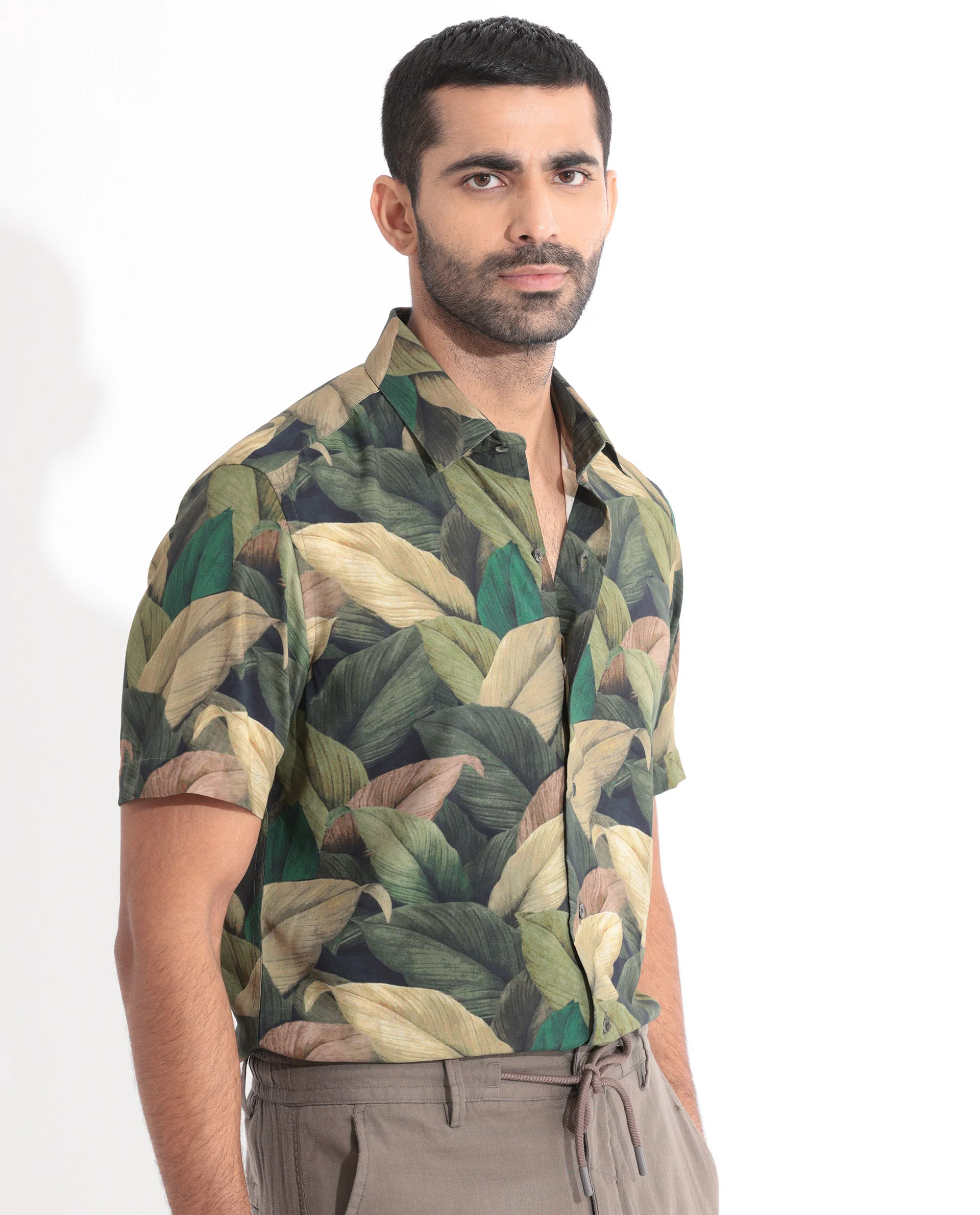 Rare Rabbit Men's Growr Green Viscose Tropical Print Regular Fit Half Sleeve Collared Shirt - Image 5