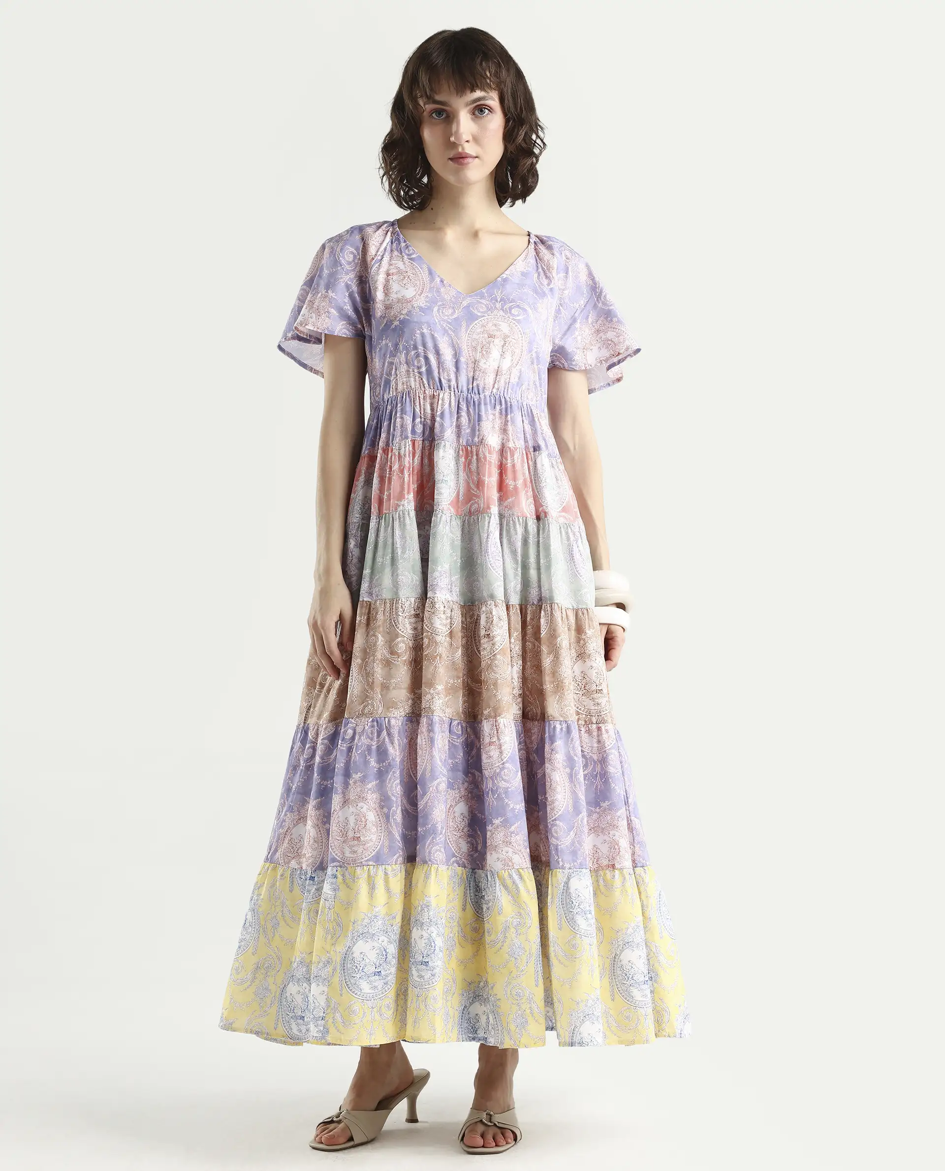 Rareism Women's Grubin Multi Cotton V-Neck Ornamental Print Raglan Sleeve Maxi Fit And Flare Dress - Image 3