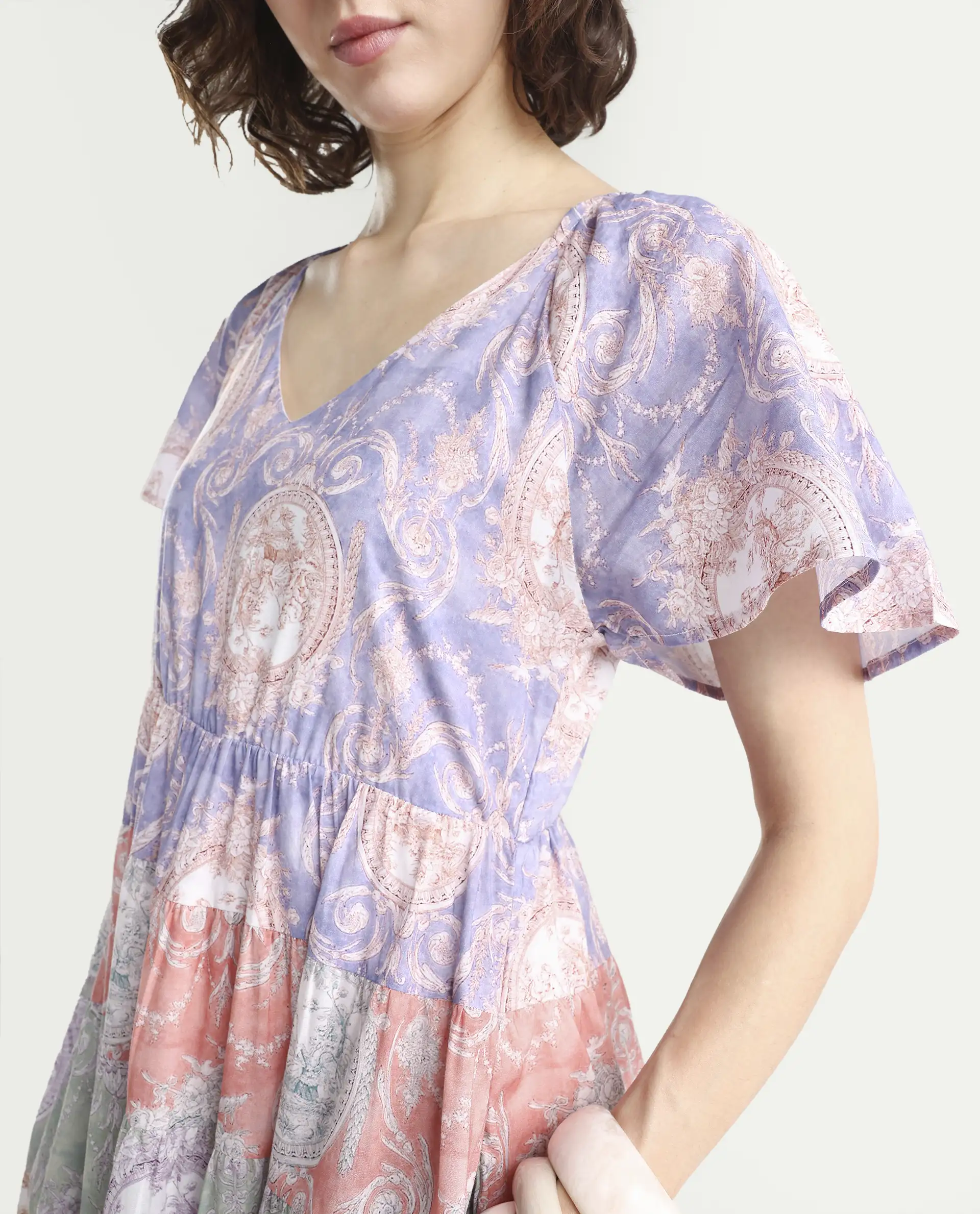 Rareism Women's Grubin Multi Cotton V-Neck Ornamental Print Raglan Sleeve Maxi Fit And Flare Dress - Image 4
