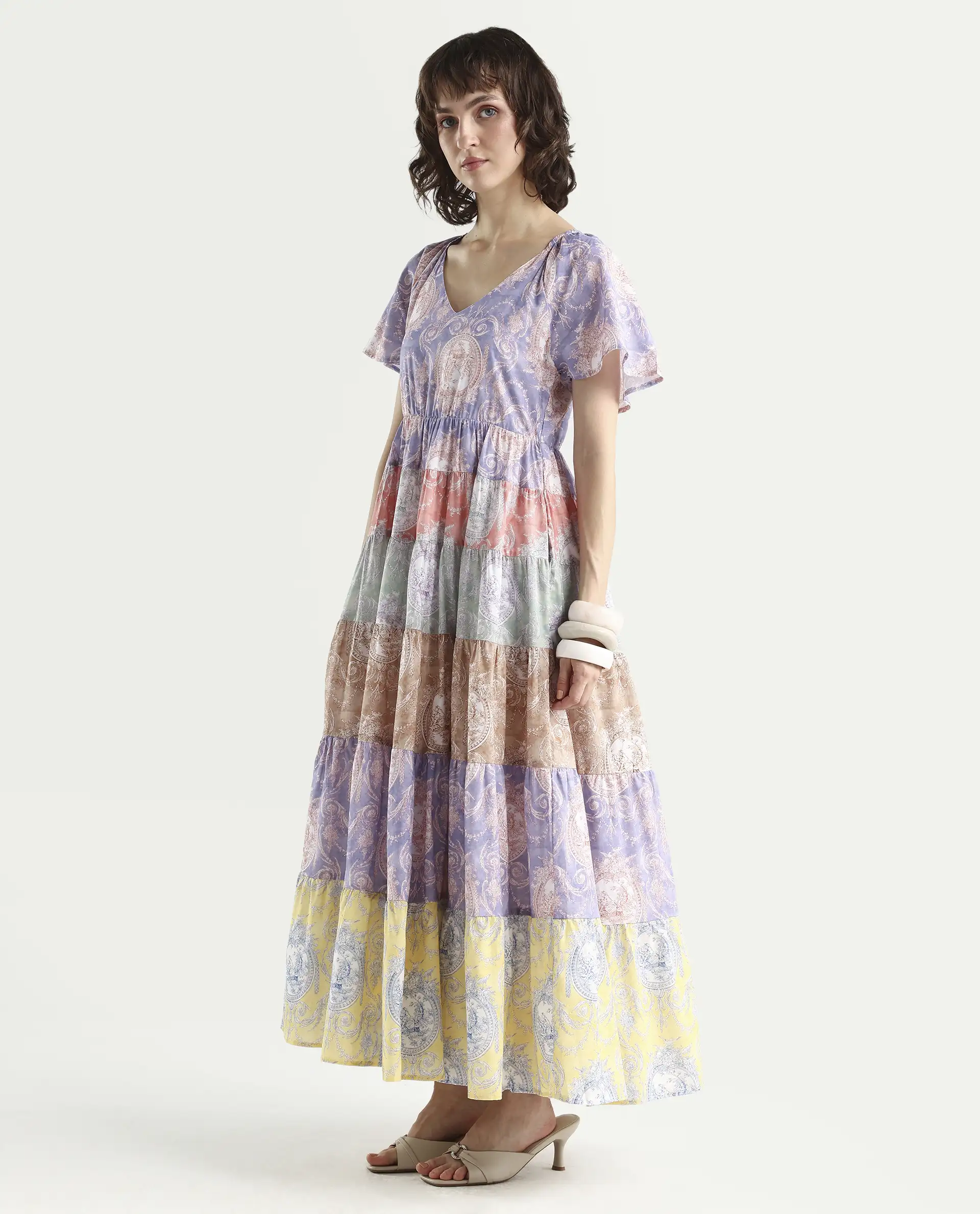 Rareism Women's Grubin Multi Cotton V-Neck Ornamental Print Raglan Sleeve Maxi Fit And Flare Dress - Image 5