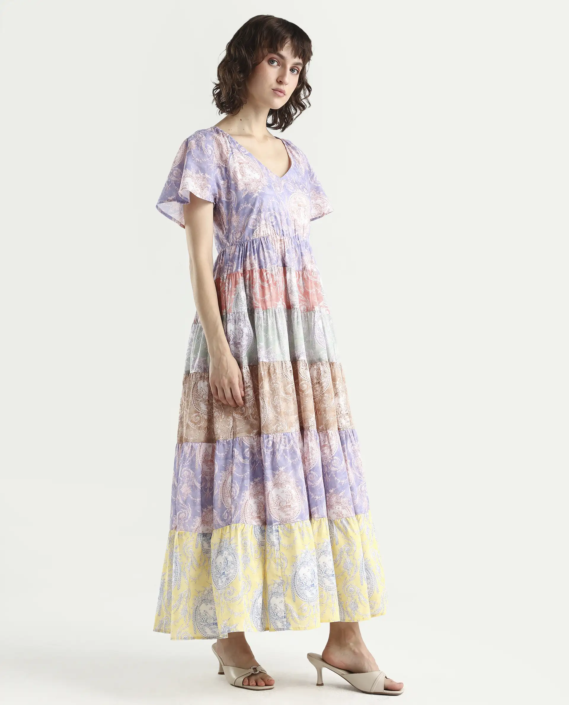 Rareism Women's Grubin Multi Cotton V-Neck Ornamental Print Raglan Sleeve Maxi Fit And Flare Dress - Image 6