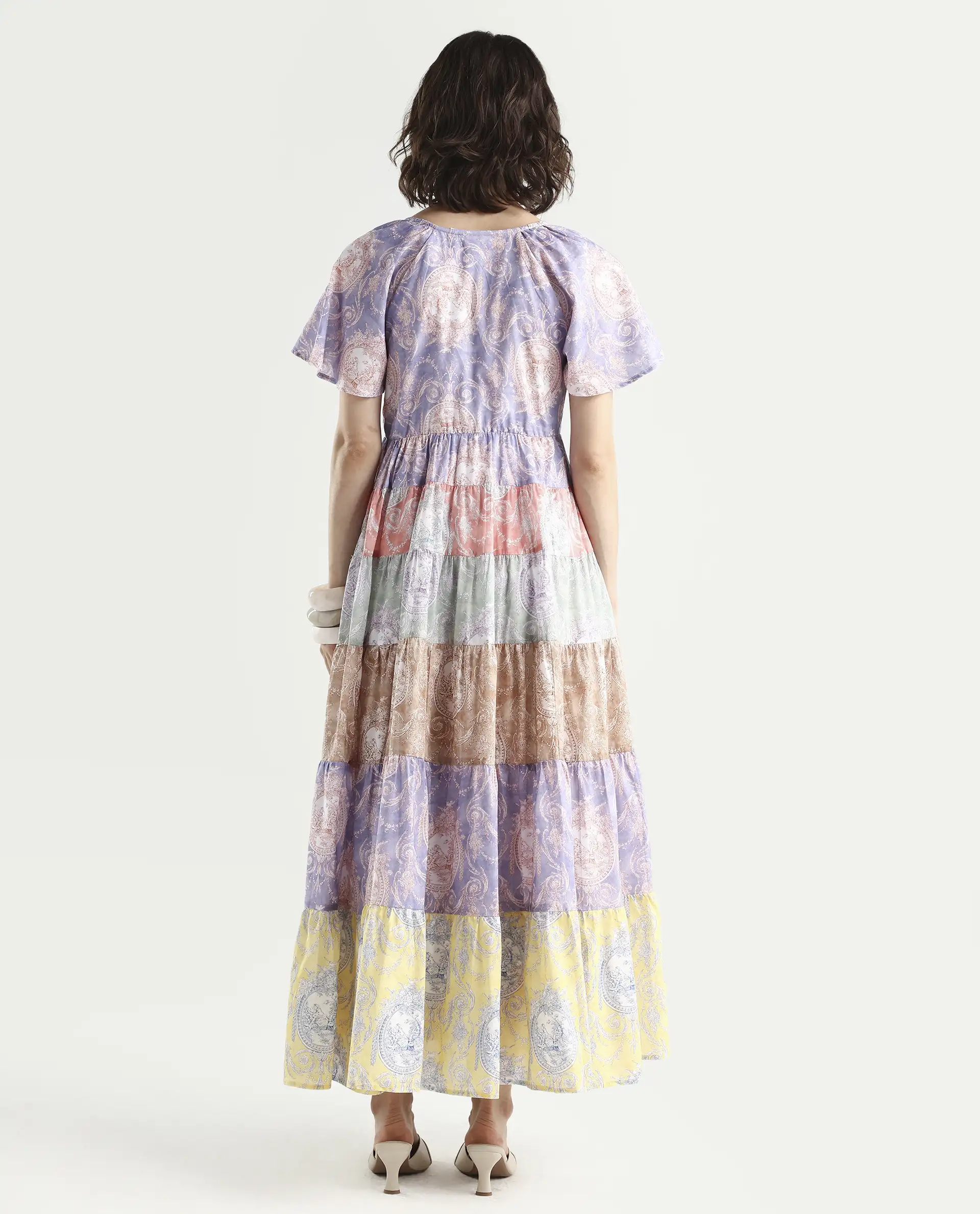 Rareism Women's Grubin Multi Cotton V-Neck Ornamental Print Raglan Sleeve Maxi Fit And Flare Dress - Image 7