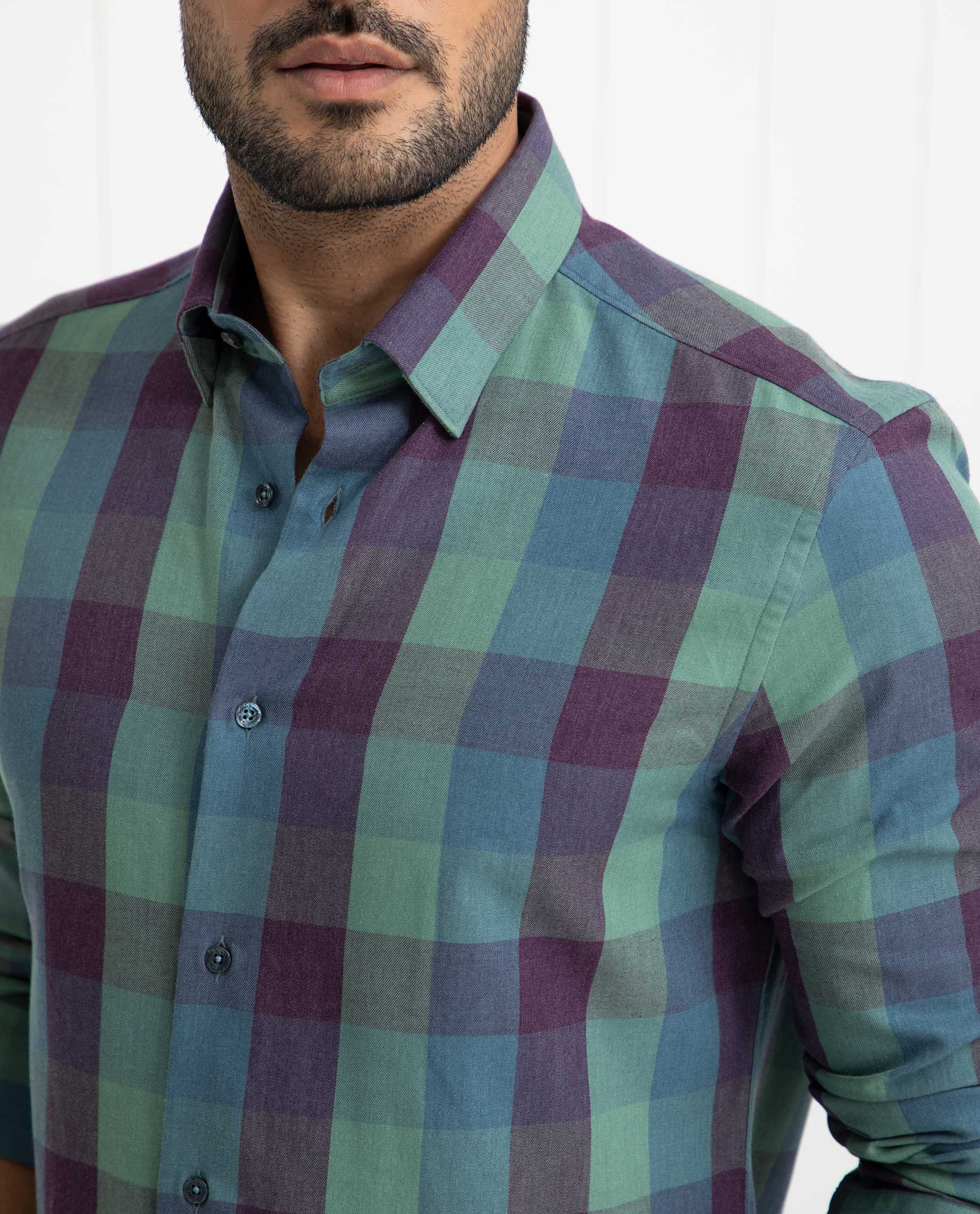 Rare Rabbit Men's Gulf Green Cotton Checked Print Regular Fit Full Sleeve Collared Shirt - Image 2