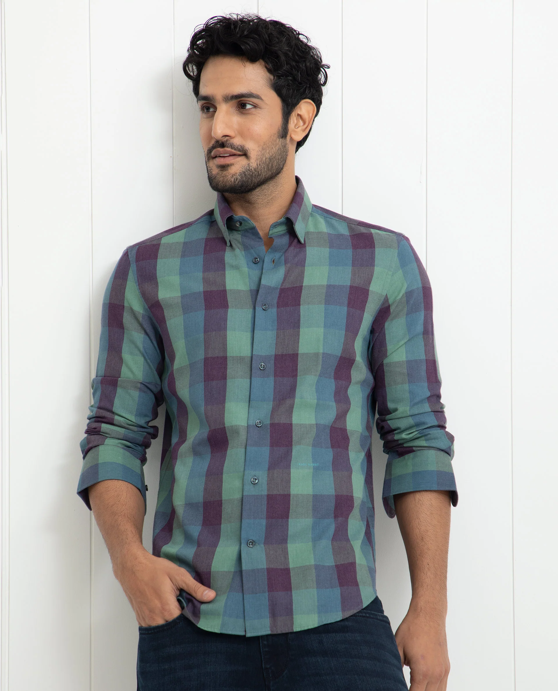 Rare Rabbit Men's Gulf Green Cotton Checked Print Regular Fit Full Sleeve Collared Shirt - Image 4