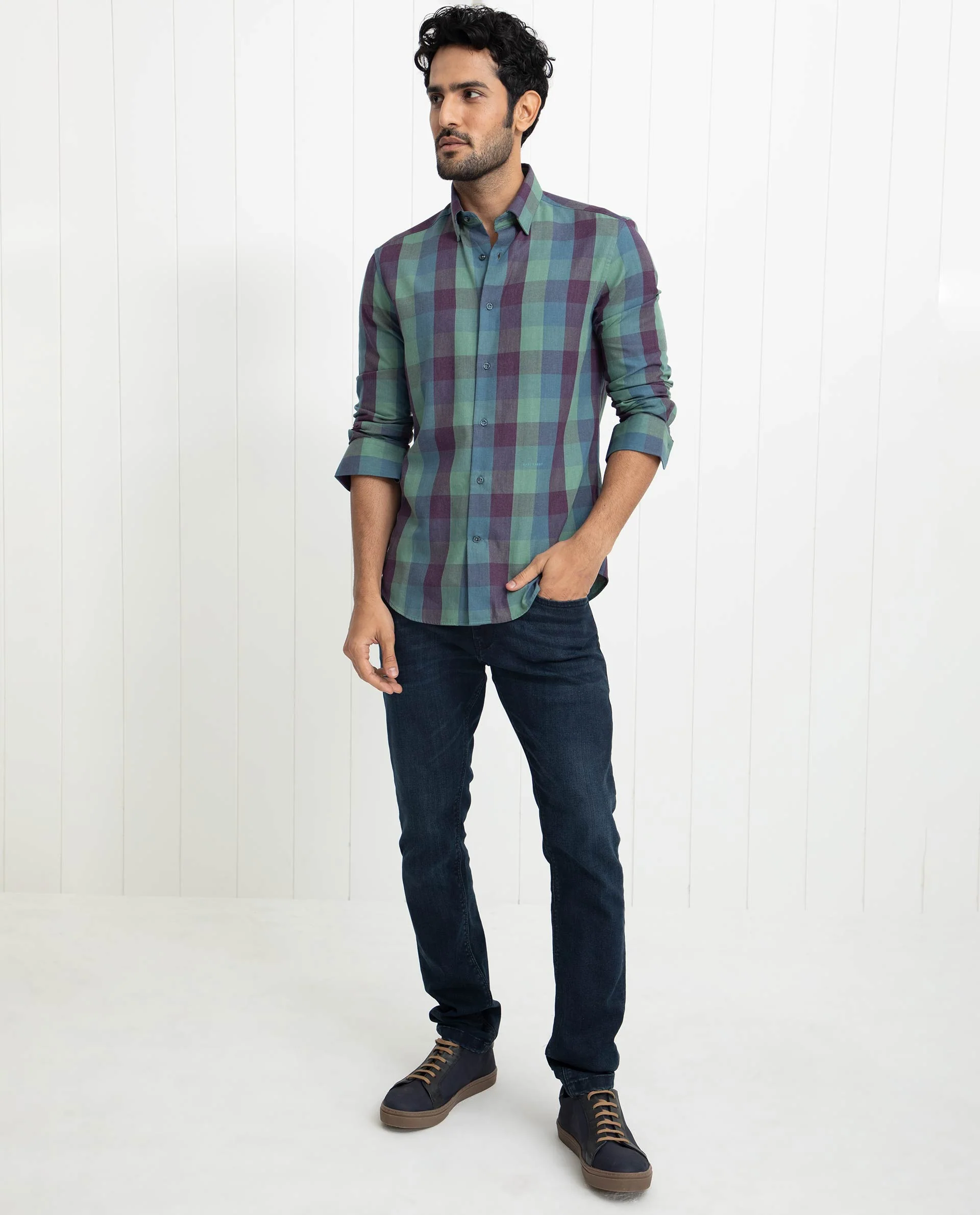 Rare Rabbit Men's Gulf Green Cotton Checked Print Regular Fit Full Sleeve Collared Shirt - Image 5