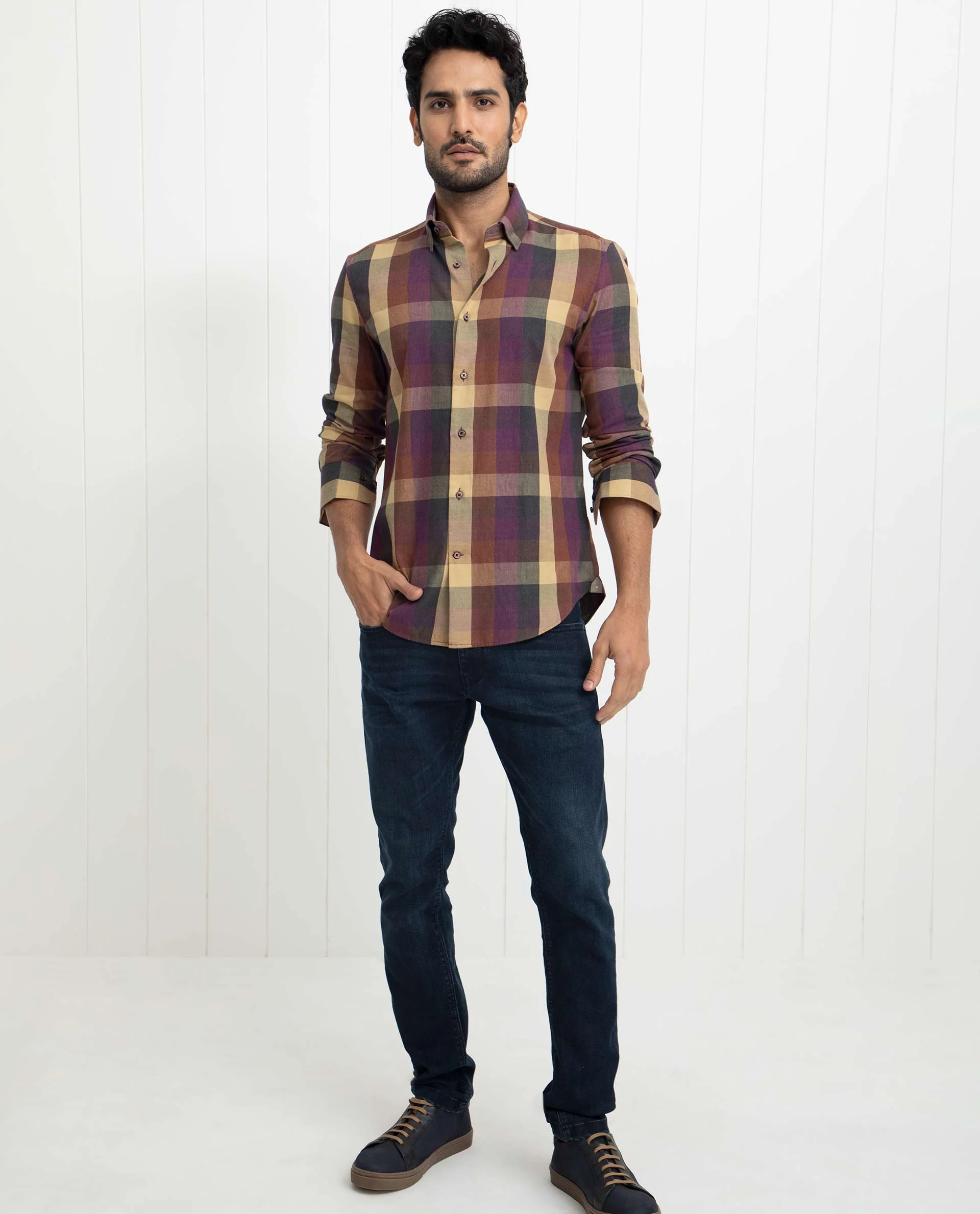 Rare Rabbit Men's Gulf Purple Cotton Checked Print Regular Fit Full Sleeve Collared Shirt - Image 2