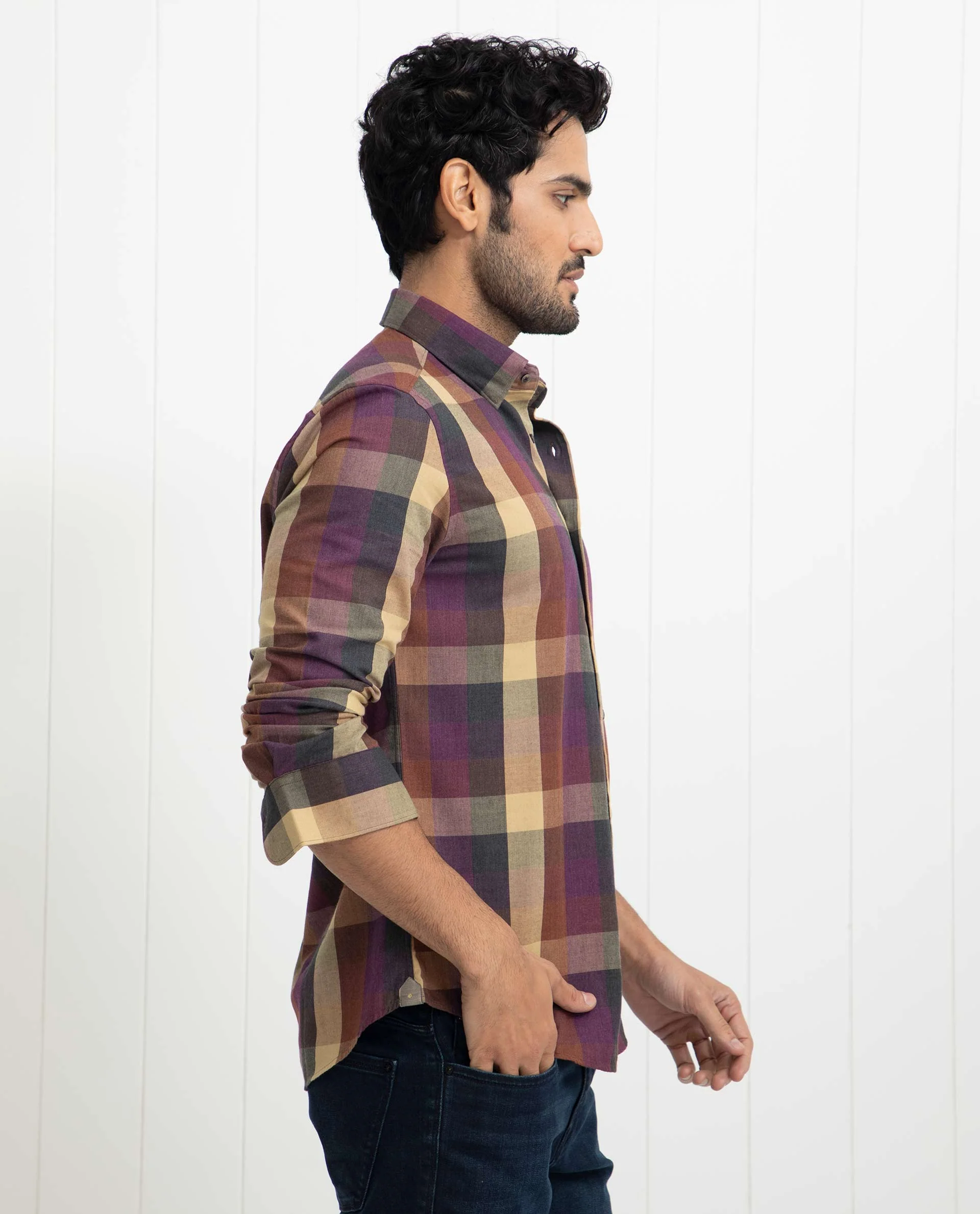 Rare Rabbit Men's Gulf Purple Cotton Checked Print Regular Fit Full Sleeve Collared Shirt - Image 6