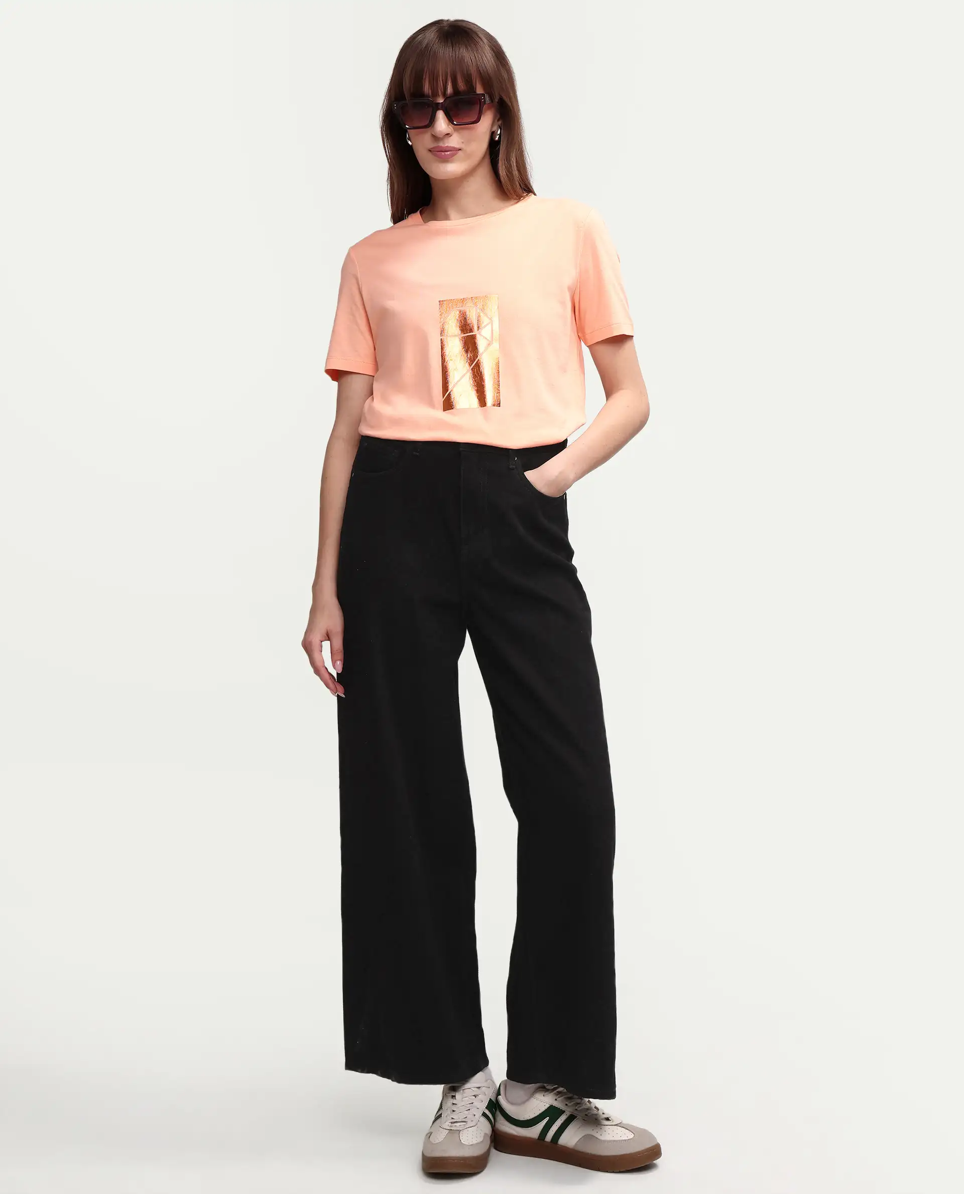 Rareism Women's Gulf Peach Cotton Crew Neck Graphic Print Regular Fit T-Shirt - Image 2