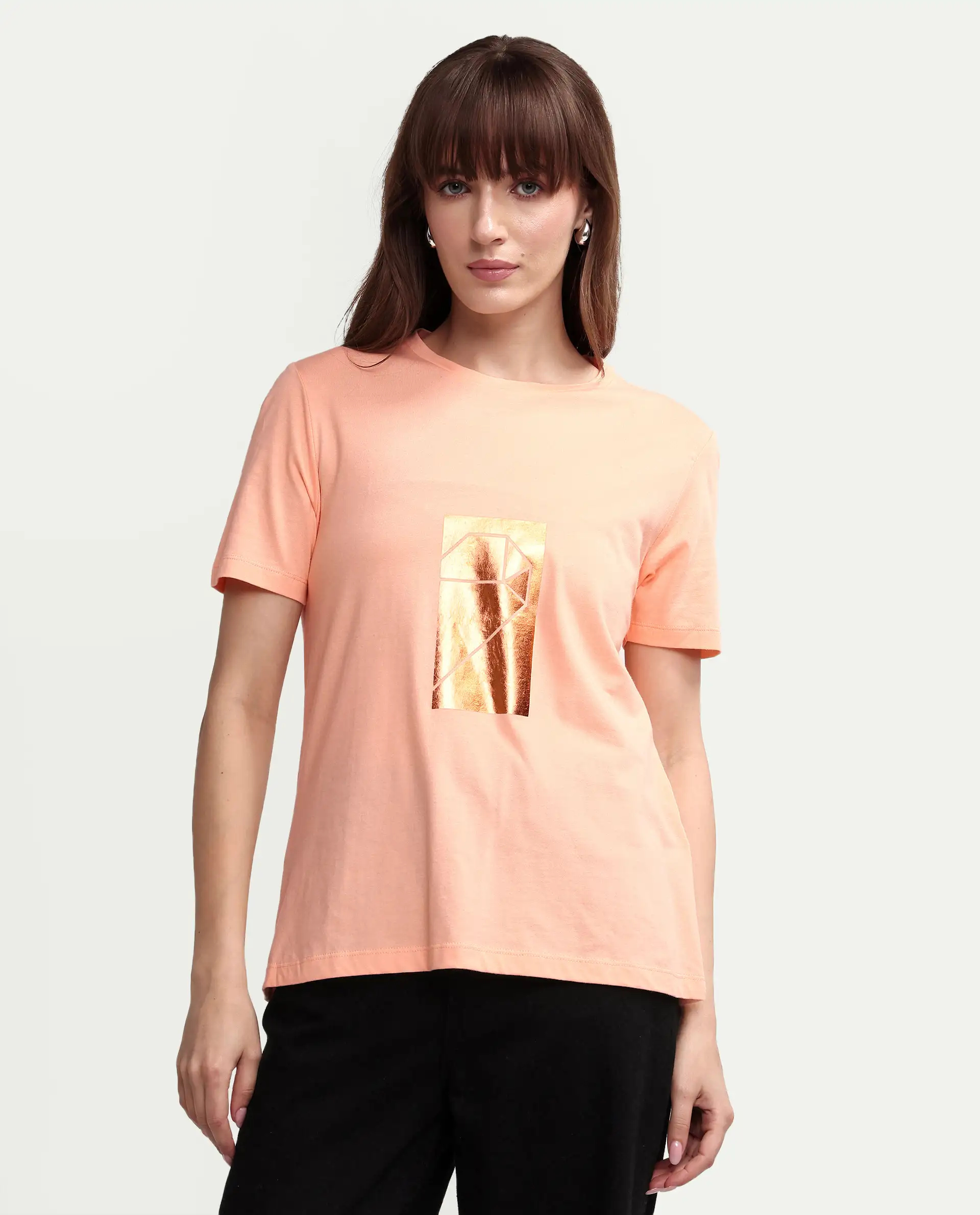 Rareism Women's Gulf Peach Cotton Crew Neck Graphic Print Regular Fit T-Shirt - Image 3