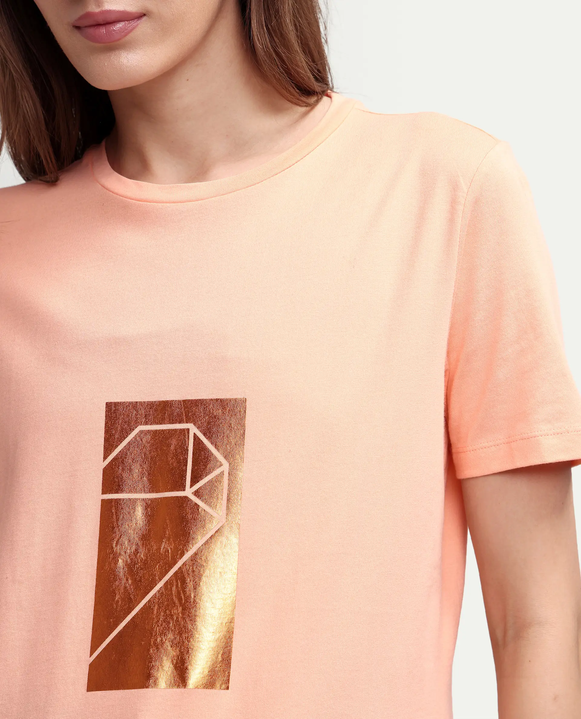 Rareism Women's Gulf Peach Cotton Crew Neck Graphic Print Regular Fit T-Shirt - Image 4