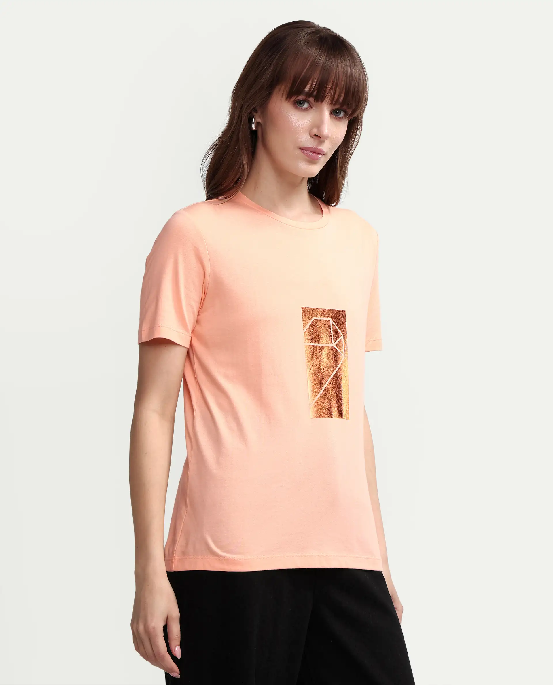 Rareism Women's Gulf Peach Cotton Crew Neck Graphic Print Regular Fit T-Shirt - Image 6