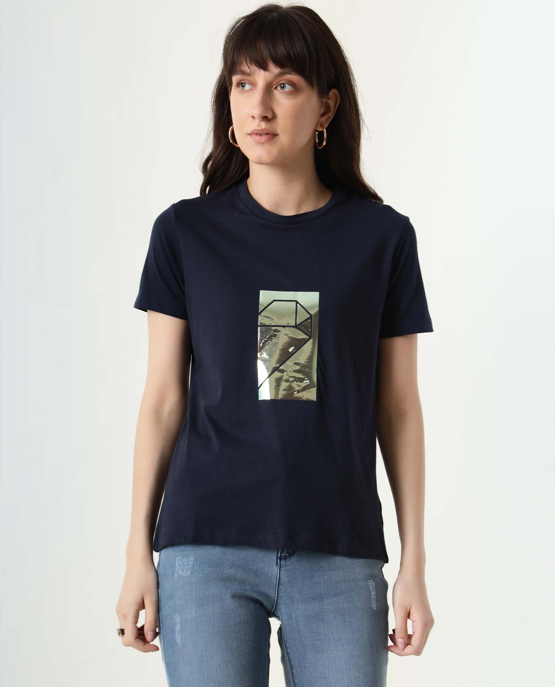 Rareism Women's Gulf Navy Cotton Crew Neck Graphic Print Regular Fit T-Shirt
