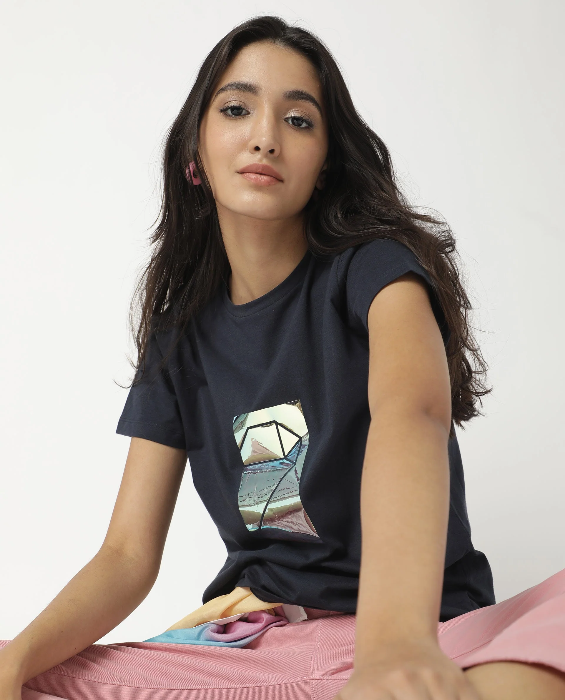Rareism Women's Gulf Navy Cotton Crew Neck Graphic Print Regular Fit T-Shirt - Image 2