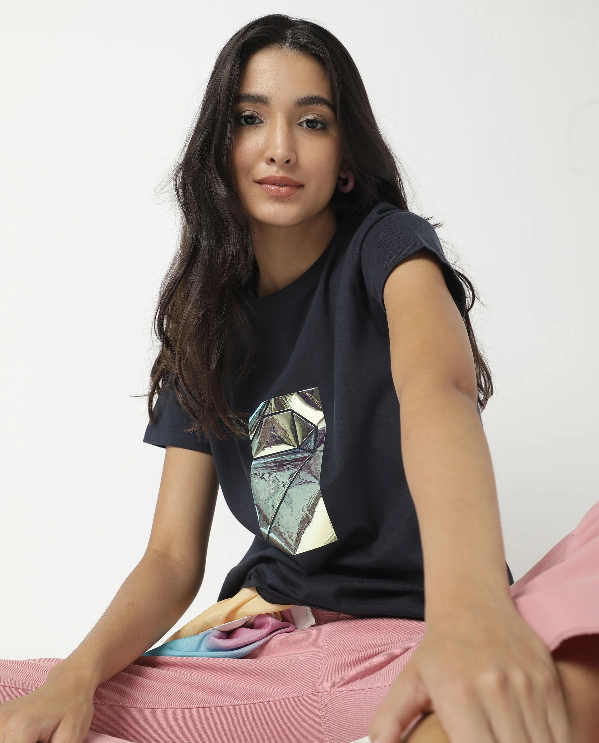 Rareism Women's Gulf Navy Cotton Crew Neck Graphic Print Regular Fit T-Shirt - Image 3