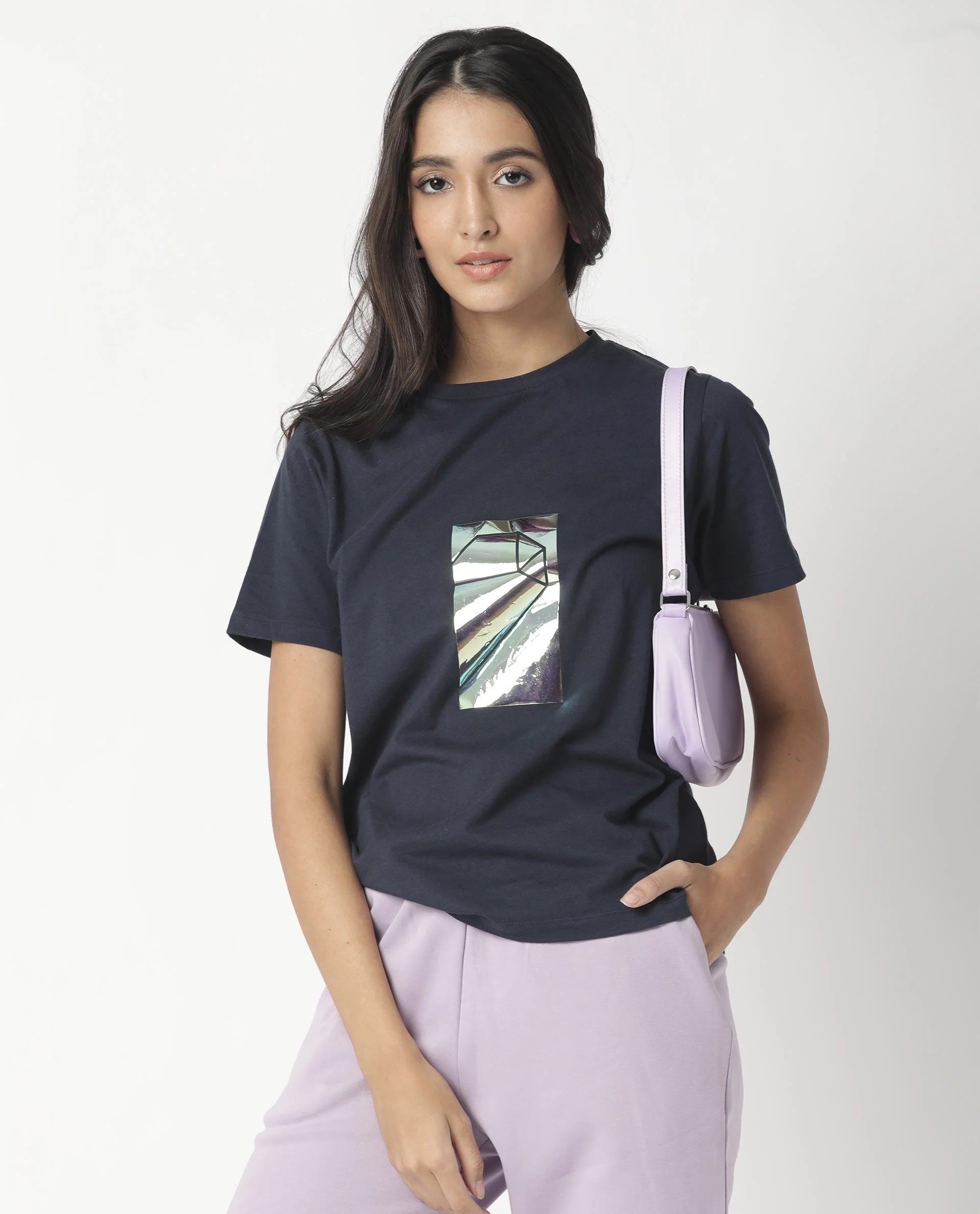 Rareism Women's Gulf Navy Cotton Crew Neck Graphic Print Regular Fit T-Shirt - Image 5