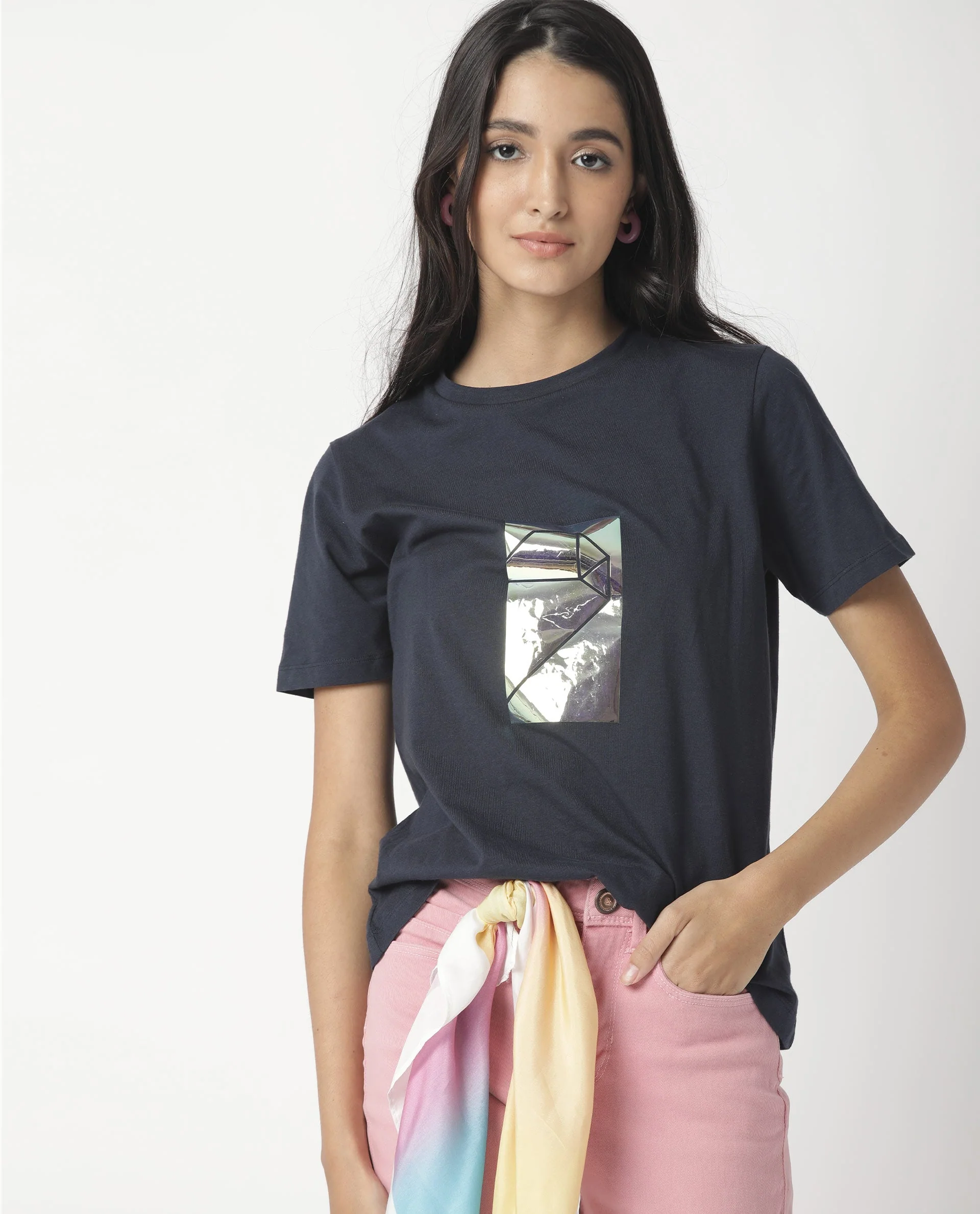 Rareism Women's Gulf Navy Cotton Crew Neck Graphic Print Regular Fit T-Shirt - Image 7
