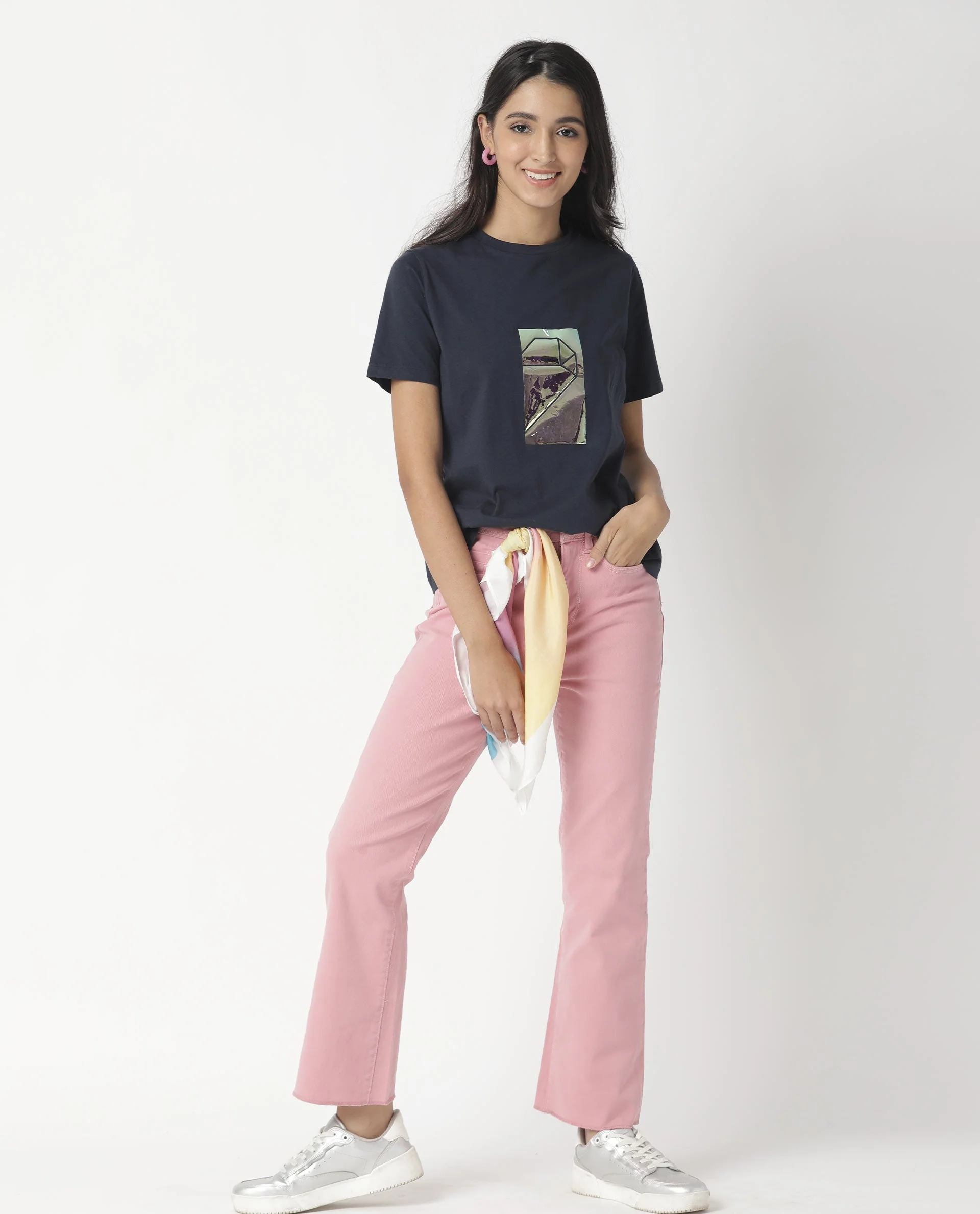Rareism Women's Gulf Navy Cotton Crew Neck Graphic Print Regular Fit T-Shirt - Image 8