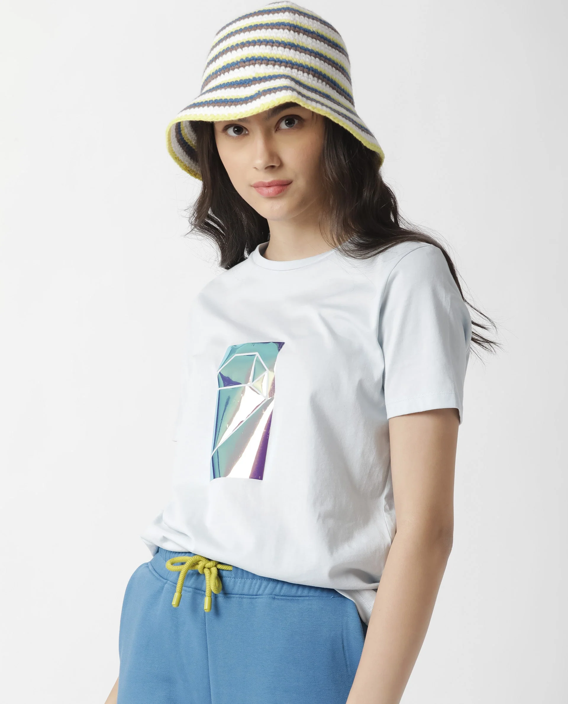 Rareism Women's Gulf Blue Cotton Crew Neck Graphic Print Regular Fit T-Shirt - Image 10