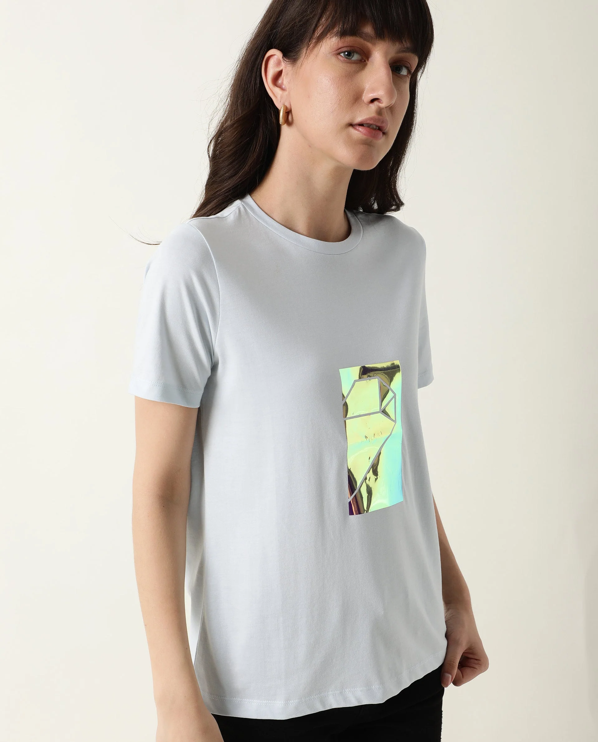 Rareism Women's Gulf Blue Cotton Crew Neck Graphic Print Regular Fit T-Shirt - Image 11