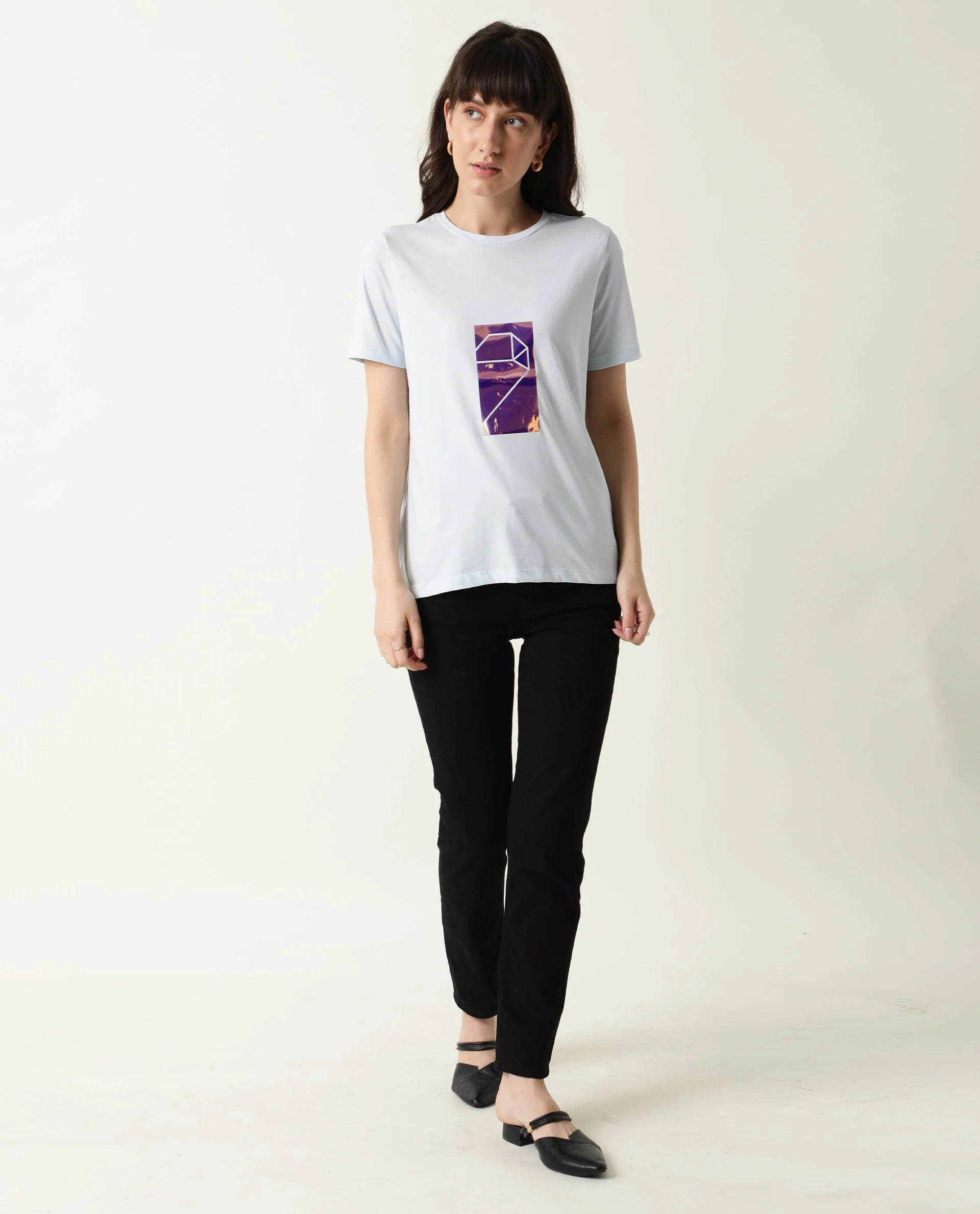 Rareism Women's Gulf Blue Cotton Crew Neck Graphic Print Regular Fit T-Shirt - Image 2