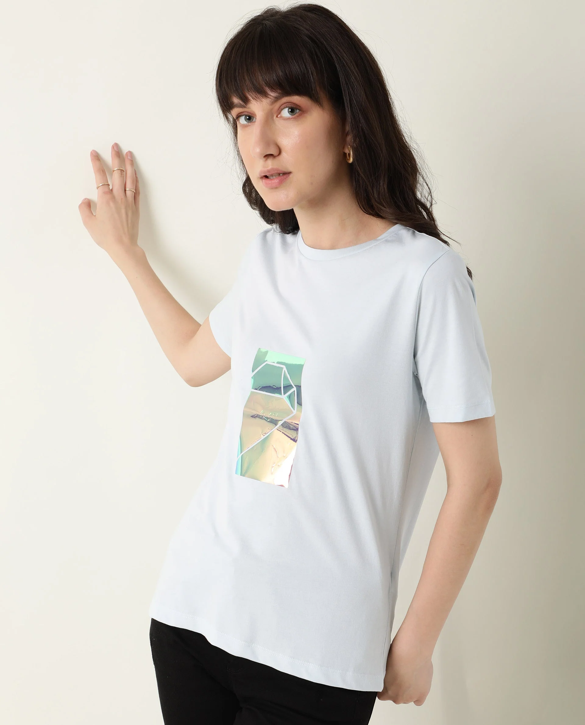 Rareism Women's Gulf Blue Cotton Crew Neck Graphic Print Regular Fit T-Shirt - Image 5
