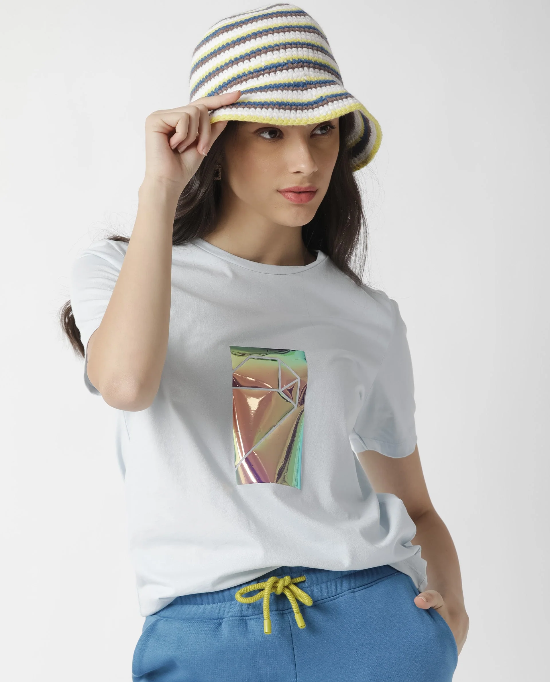 Rareism Women's Gulf Blue Cotton Crew Neck Graphic Print Regular Fit T-Shirt - Image 6