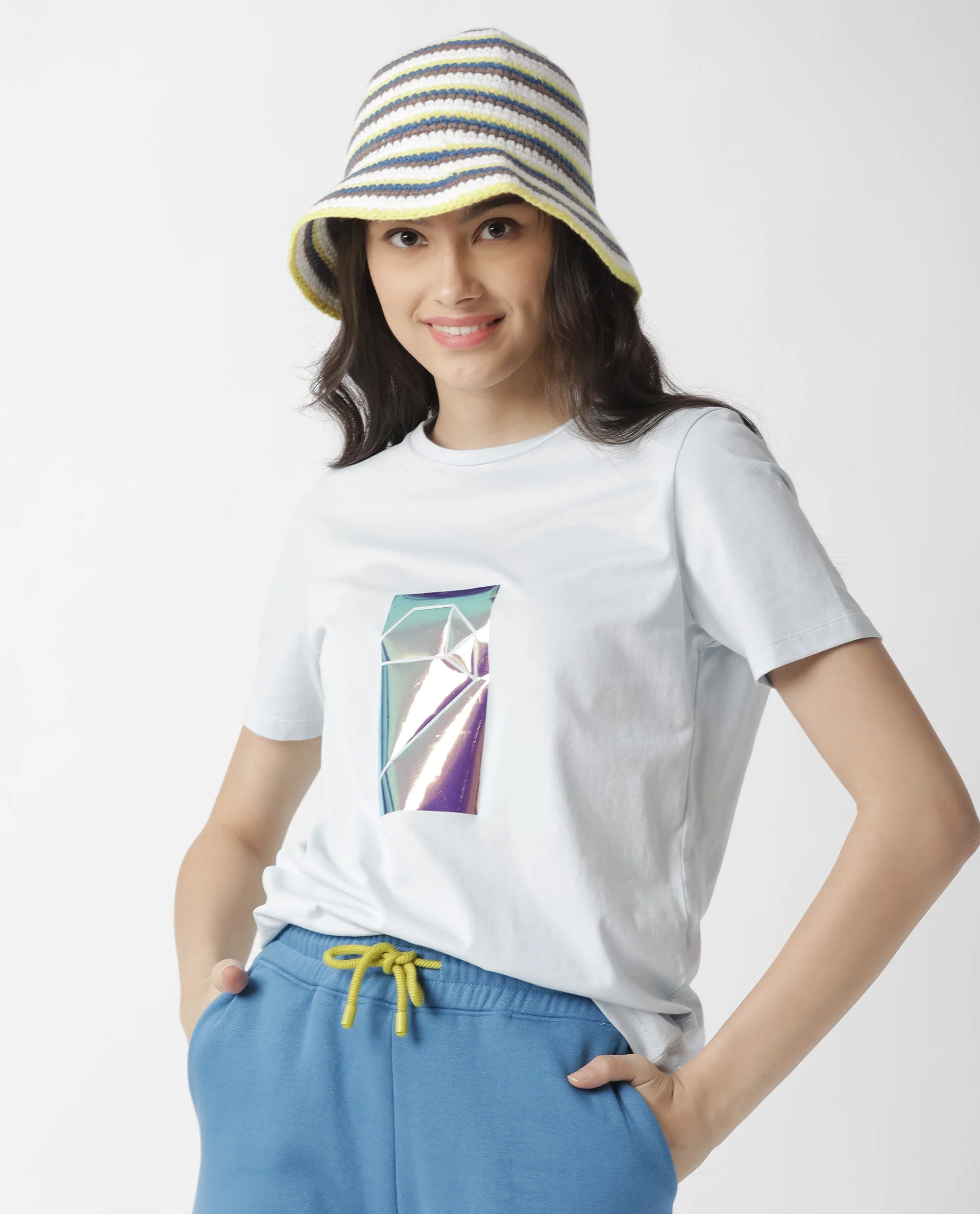 Rareism Women's Gulf Blue Cotton Crew Neck Graphic Print Regular Fit T-Shirt - Image 7