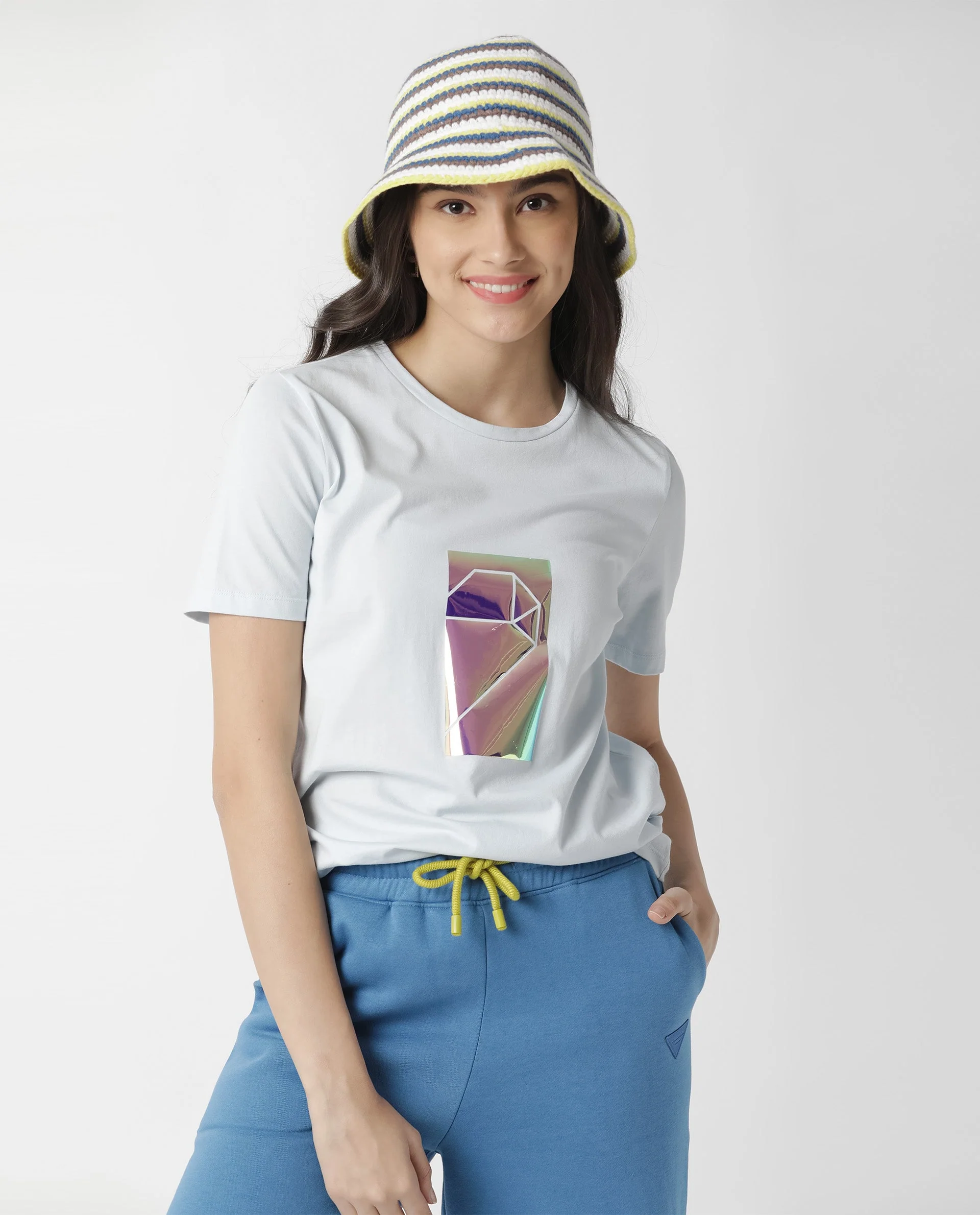Rareism Women's Gulf Blue Cotton Crew Neck Graphic Print Regular Fit T-Shirt - Image 8