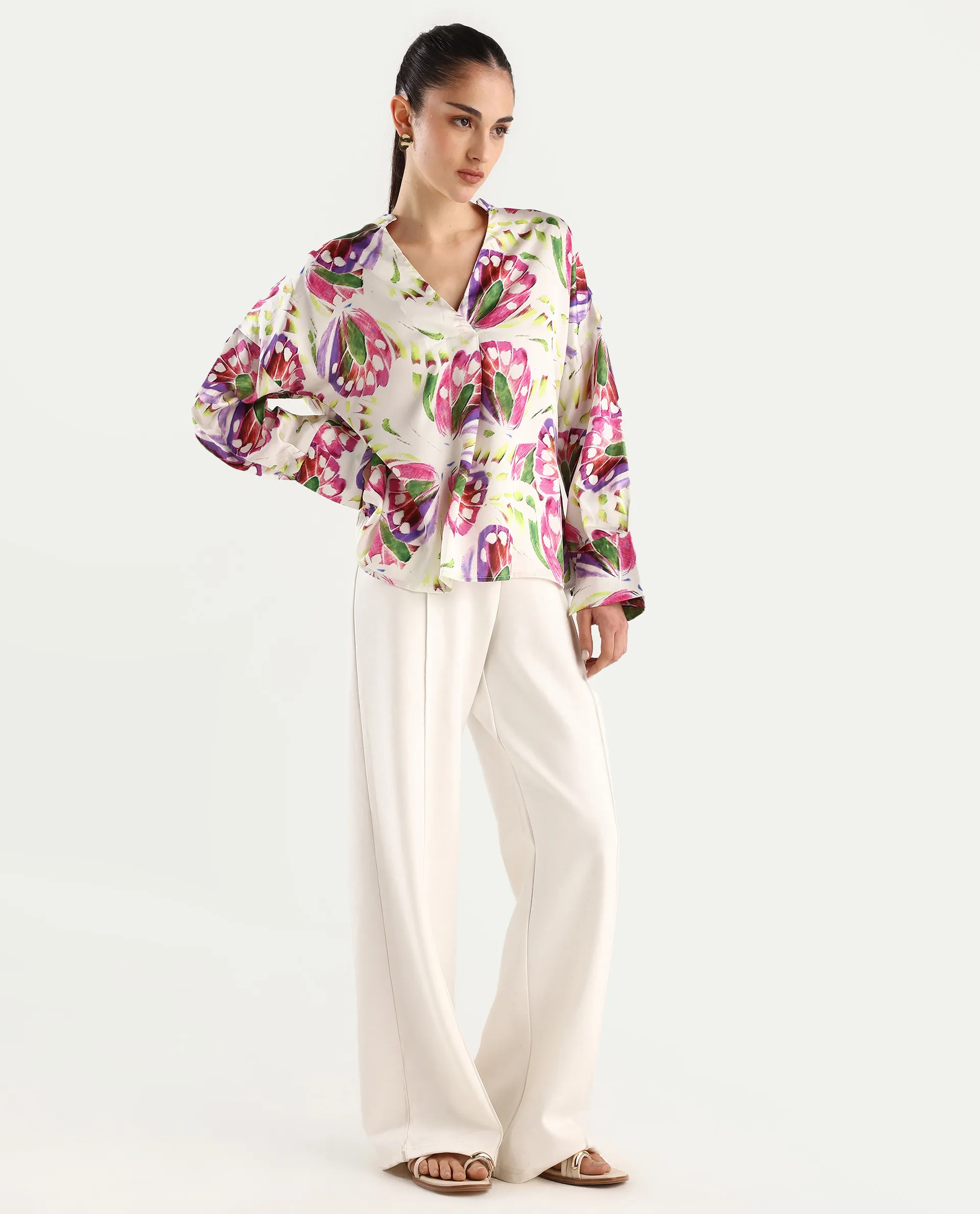 Rareism Women's Gunay Multi Polyester Polyester V-Neck Abstract Print Cuffed Sleeve Regular Fit Top - Image 2
