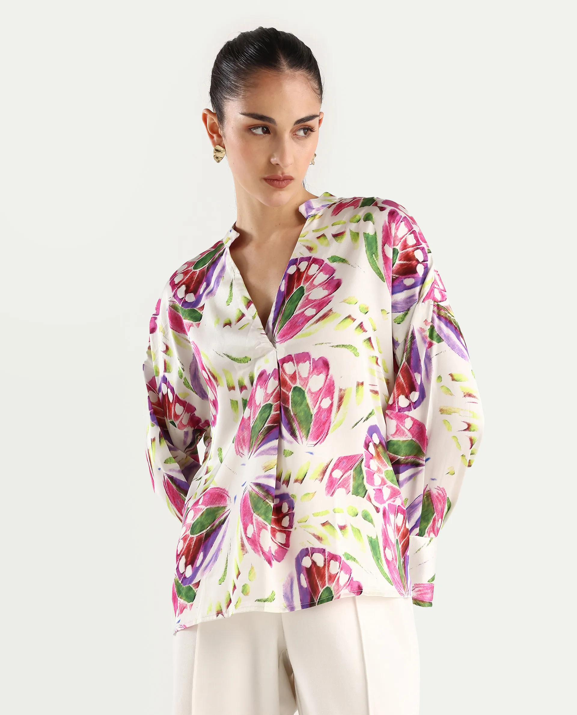 Rareism Women's Gunay Multi Polyester Polyester V-Neck Abstract Print Cuffed Sleeve Regular Fit Top - Image 3