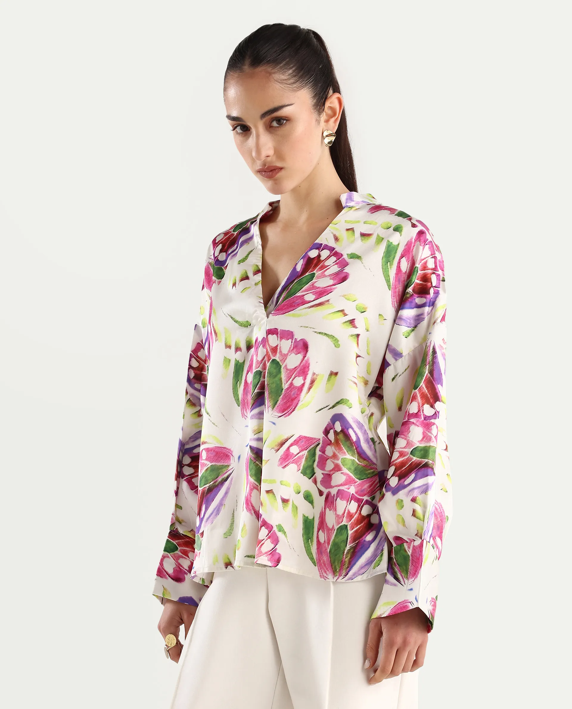 Rareism Women's Gunay Multi Polyester Polyester V-Neck Abstract Print Cuffed Sleeve Regular Fit Top - Image 5
