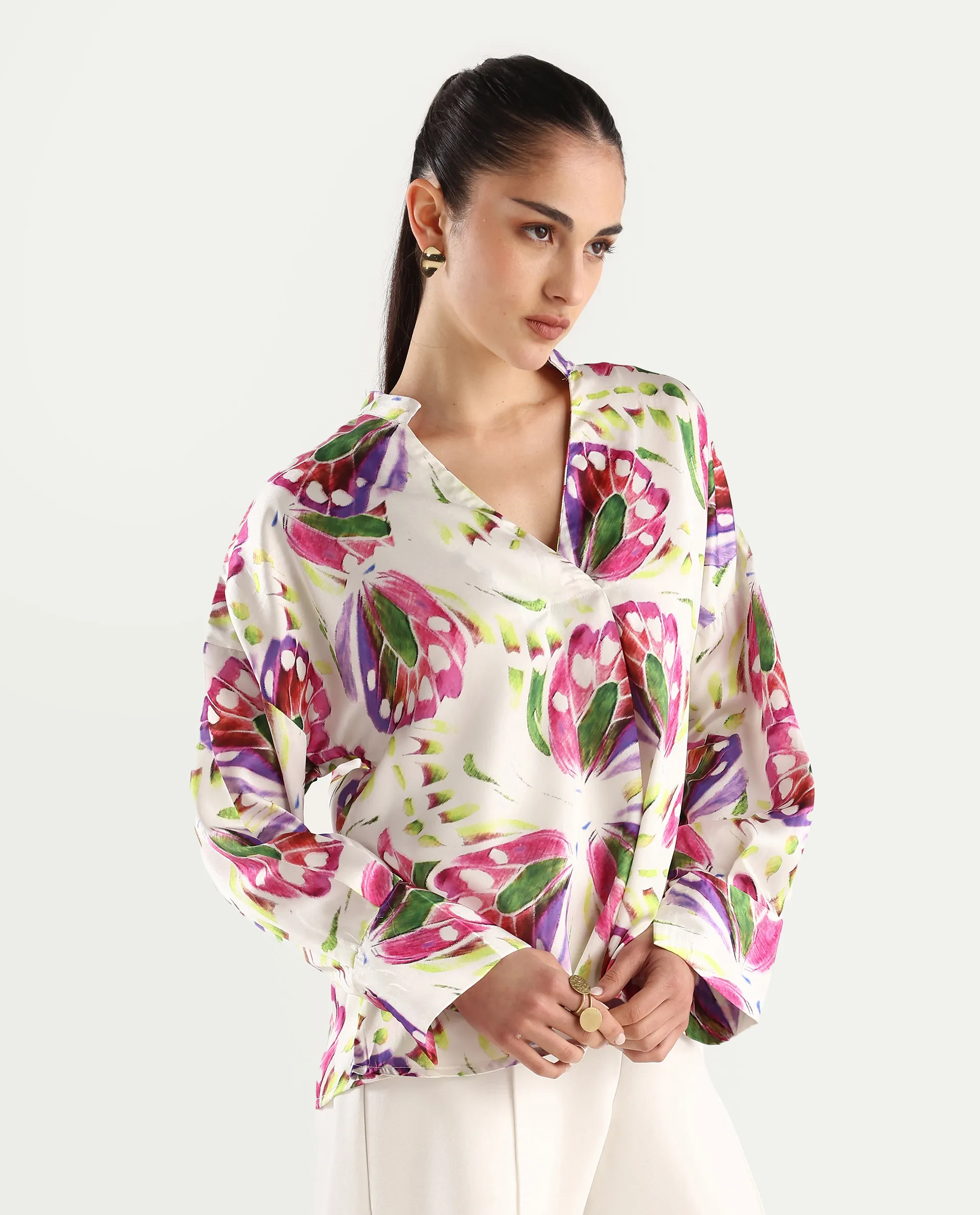 Rareism Women's Gunay Multi Polyester Polyester V-Neck Abstract Print Cuffed Sleeve Regular Fit Top - Image 6