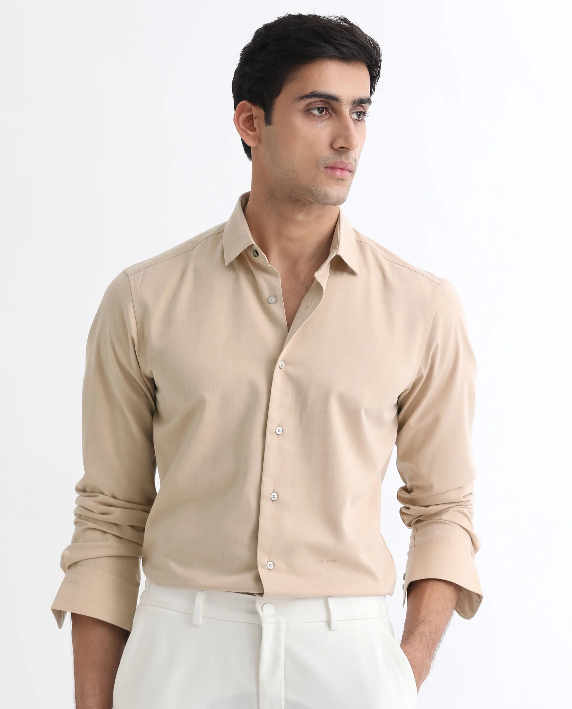 Rare Rabbit Men's Gunjan Beige Cotton Plain Regular Fit Full Sleeve Collared Shirt - Image 3