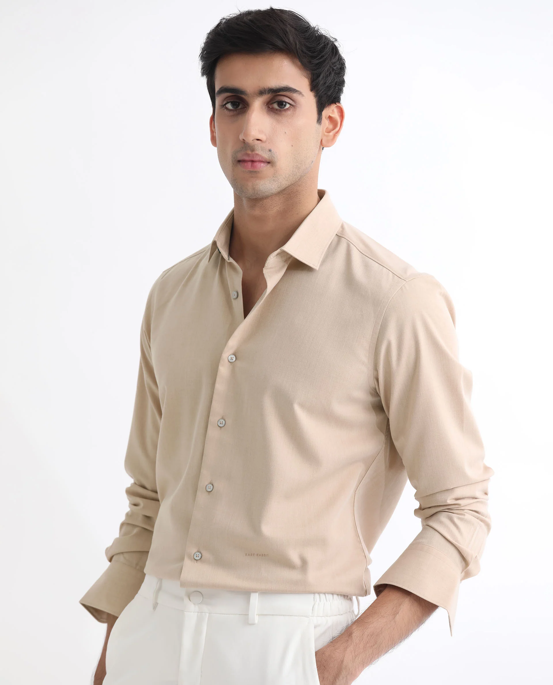 Rare Rabbit Men's Gunjan Beige Cotton Plain Regular Fit Full Sleeve Collared Shirt - Image 4
