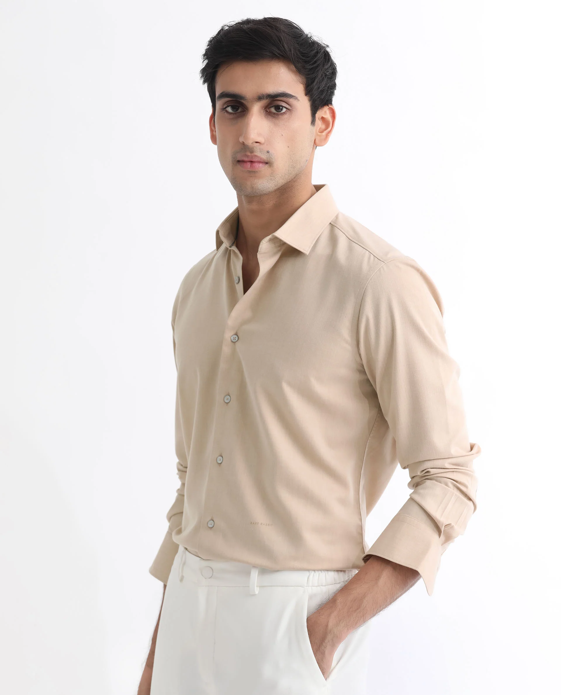 Rare Rabbit Men's Gunjan Beige Cotton Plain Regular Fit Full Sleeve Collared Shirt - Image 6