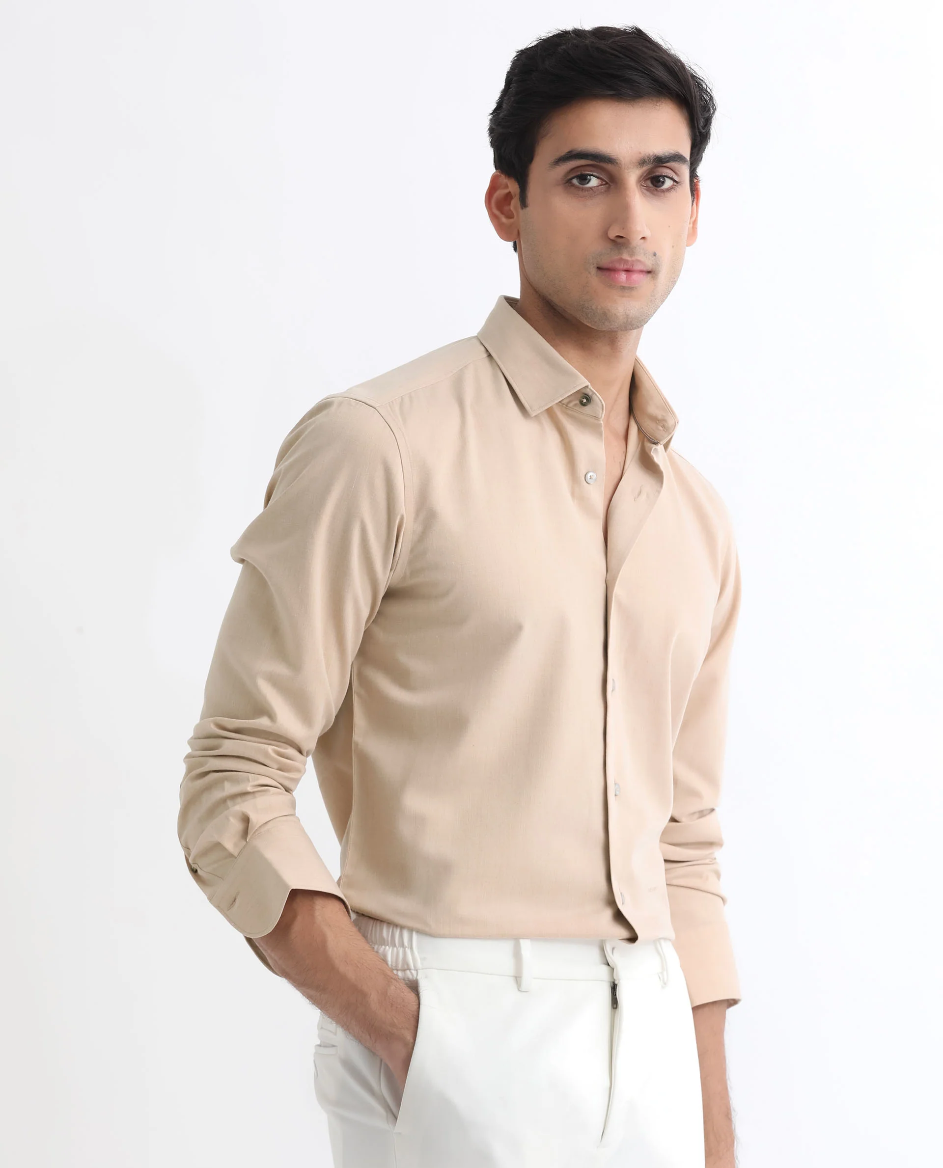Rare Rabbit Men's Gunjan Beige Cotton Plain Regular Fit Full Sleeve Collared Shirt - Image 7