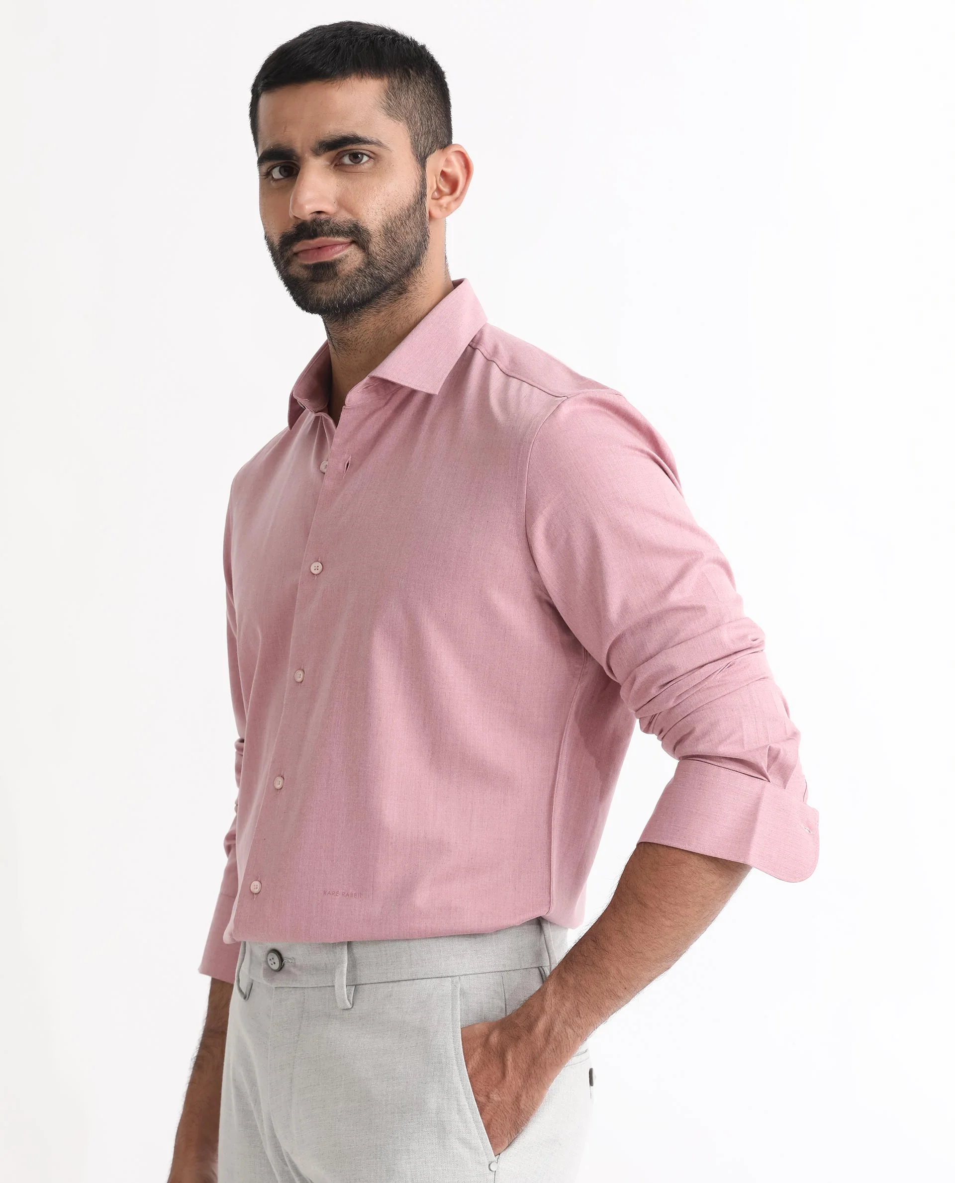 Rare Rabbit Men's Gunjan Pink Cotton Plain Regular Fit Full Sleeve Collared Shirt - Image 3