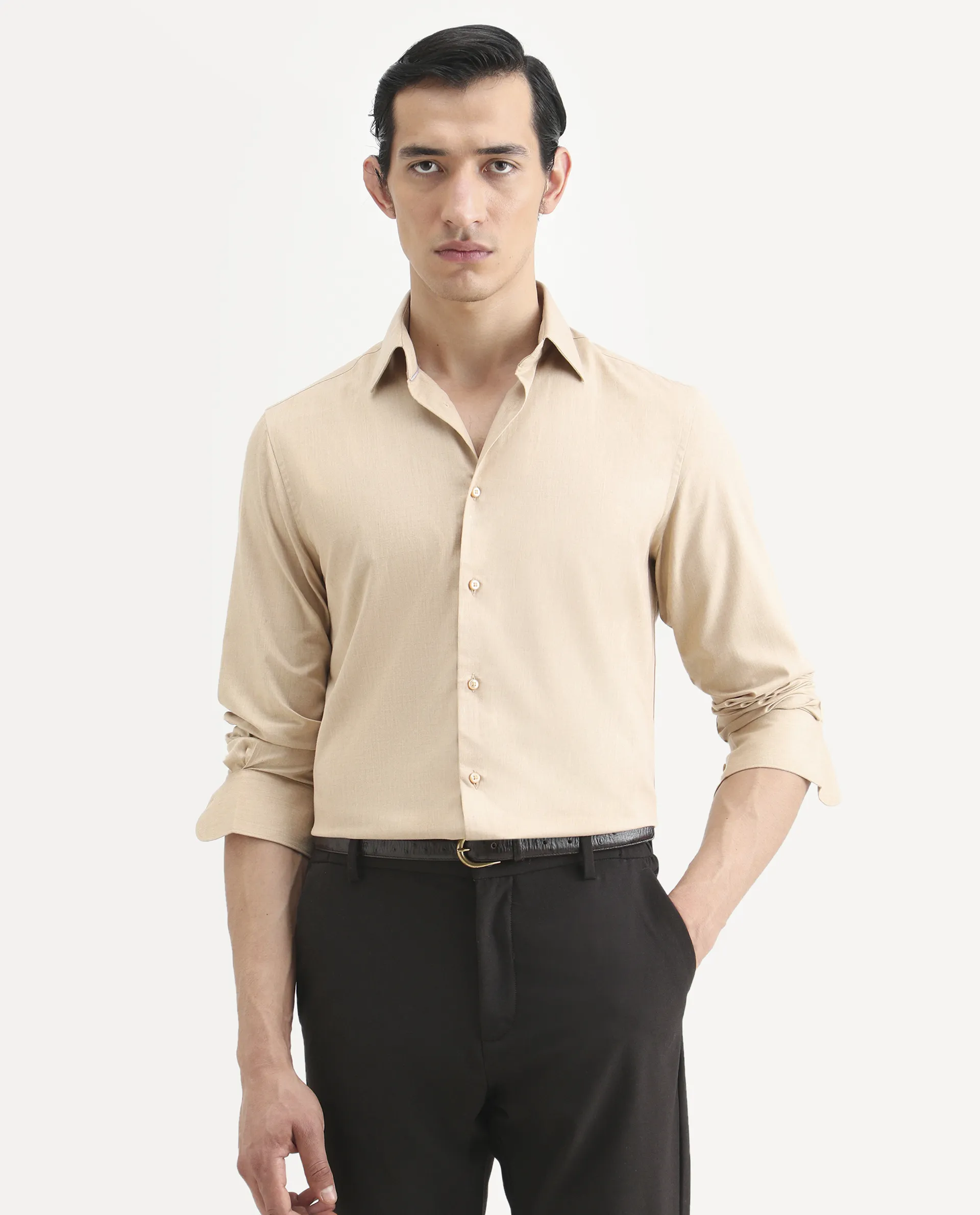 Rare Rabbit Men's Gunjo 25 Beige Polyester Blend Plain Regular Fit Full Sleeve Collared Shirt - Image 3