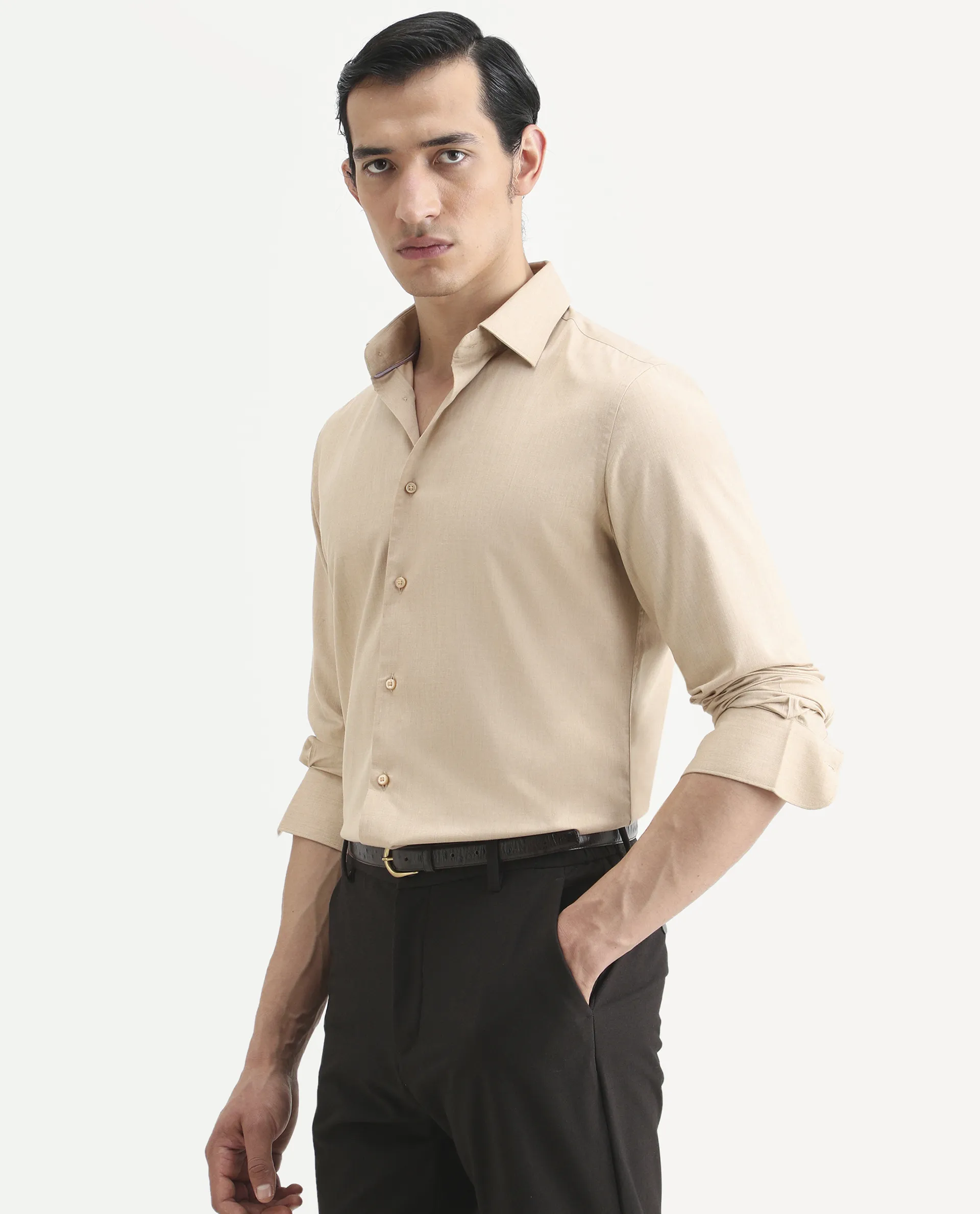 Rare Rabbit Men's Gunjo 25 Beige Polyester Blend Plain Regular Fit Full Sleeve Collared Shirt - Image 5