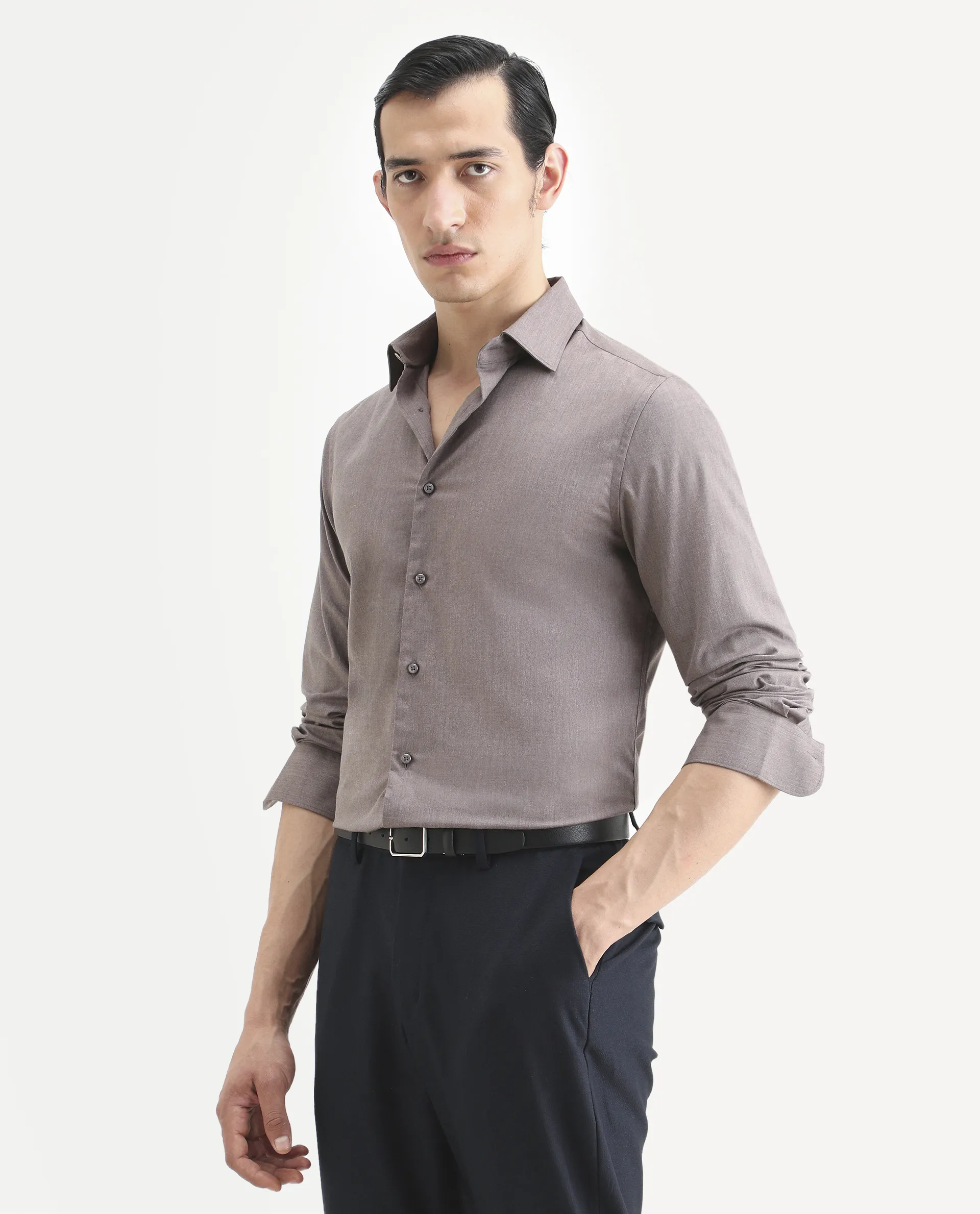 Rare Rabbit Men's Gunjo 25 Dusky Brown Polyester Blend Plain Regular Fit Full Sleeve Collared Shirt - Image 3