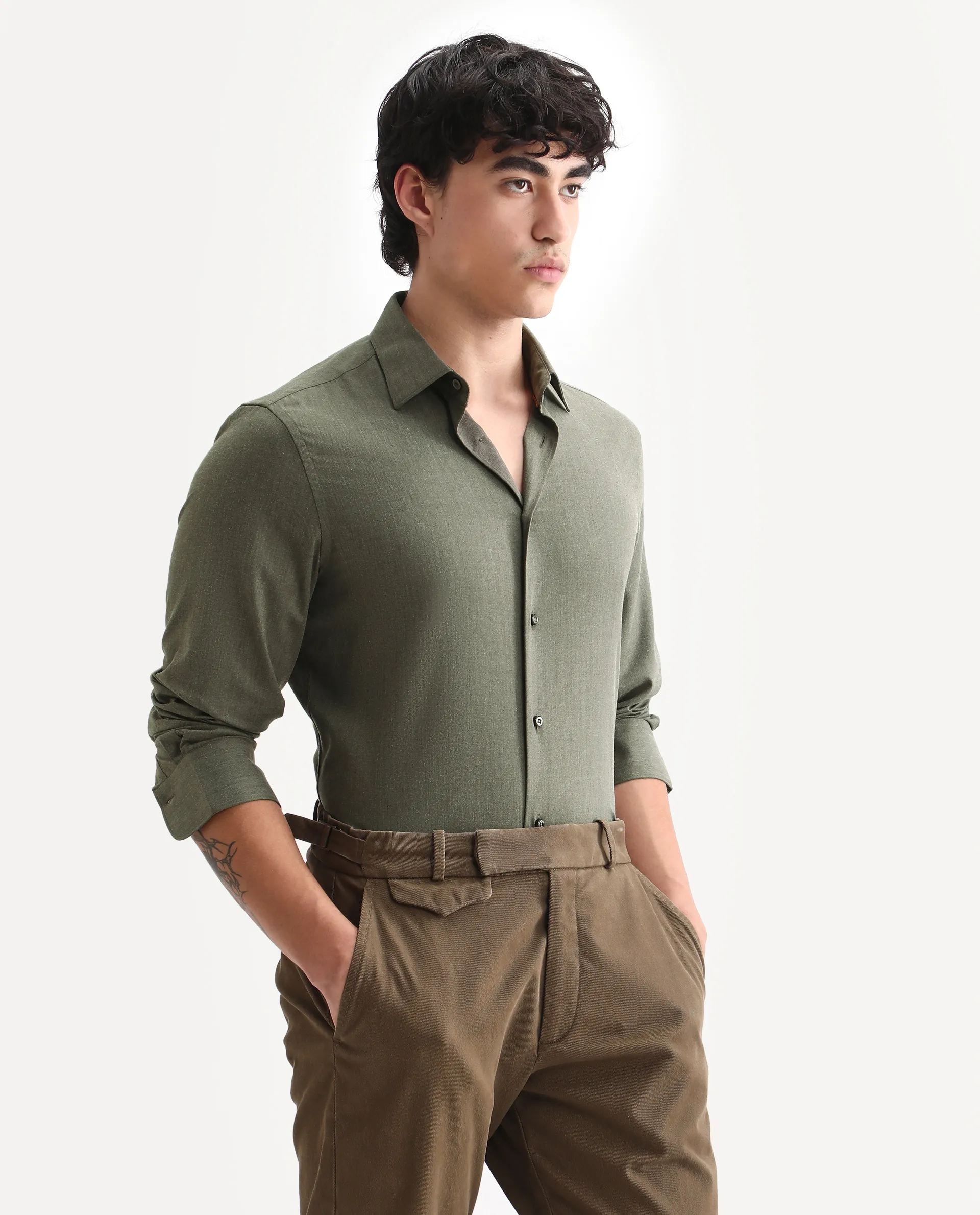 Rare Rabbit Men's Gunjo 25 Dusky Green Polyester Plain Regular Fit Full Sleeve Collared Shirt - Image 4