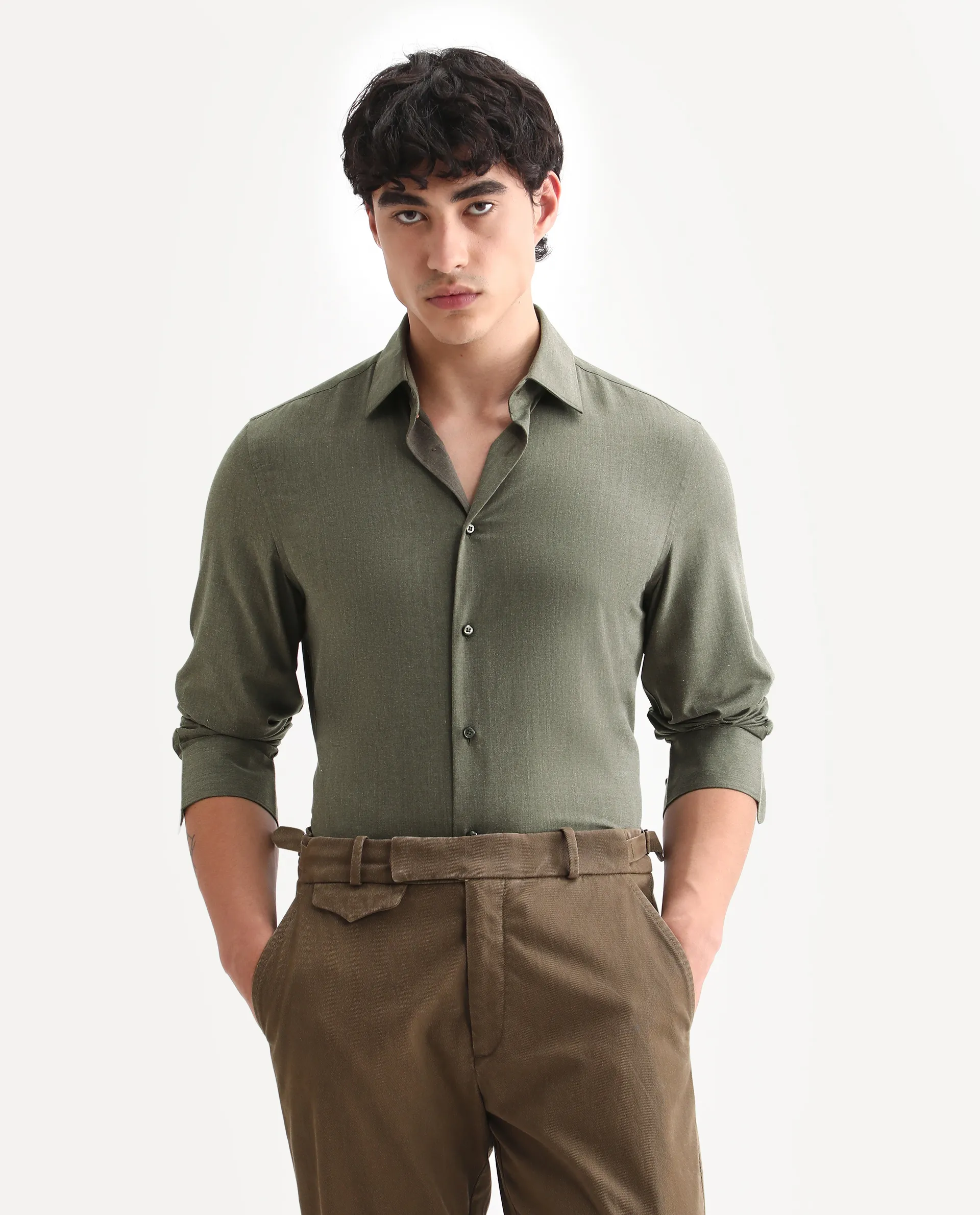 Rare Rabbit Men's Gunjo 25 Dusky Green Polyester Plain Regular Fit Full Sleeve Collared Shirt - Image 5