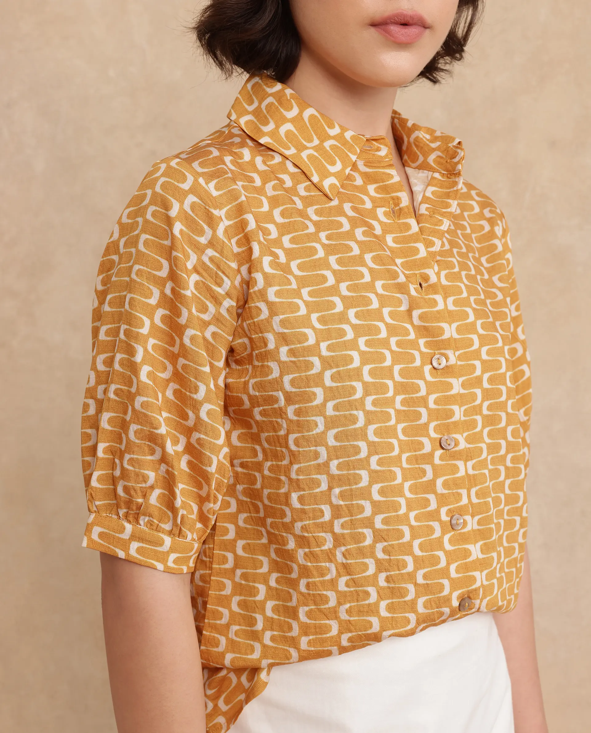 Rareism Women's Guno Yellow Cotton Blend Drop Collar Geometric Print Bishop Sleeve Regular Fit Shirt - Image 2