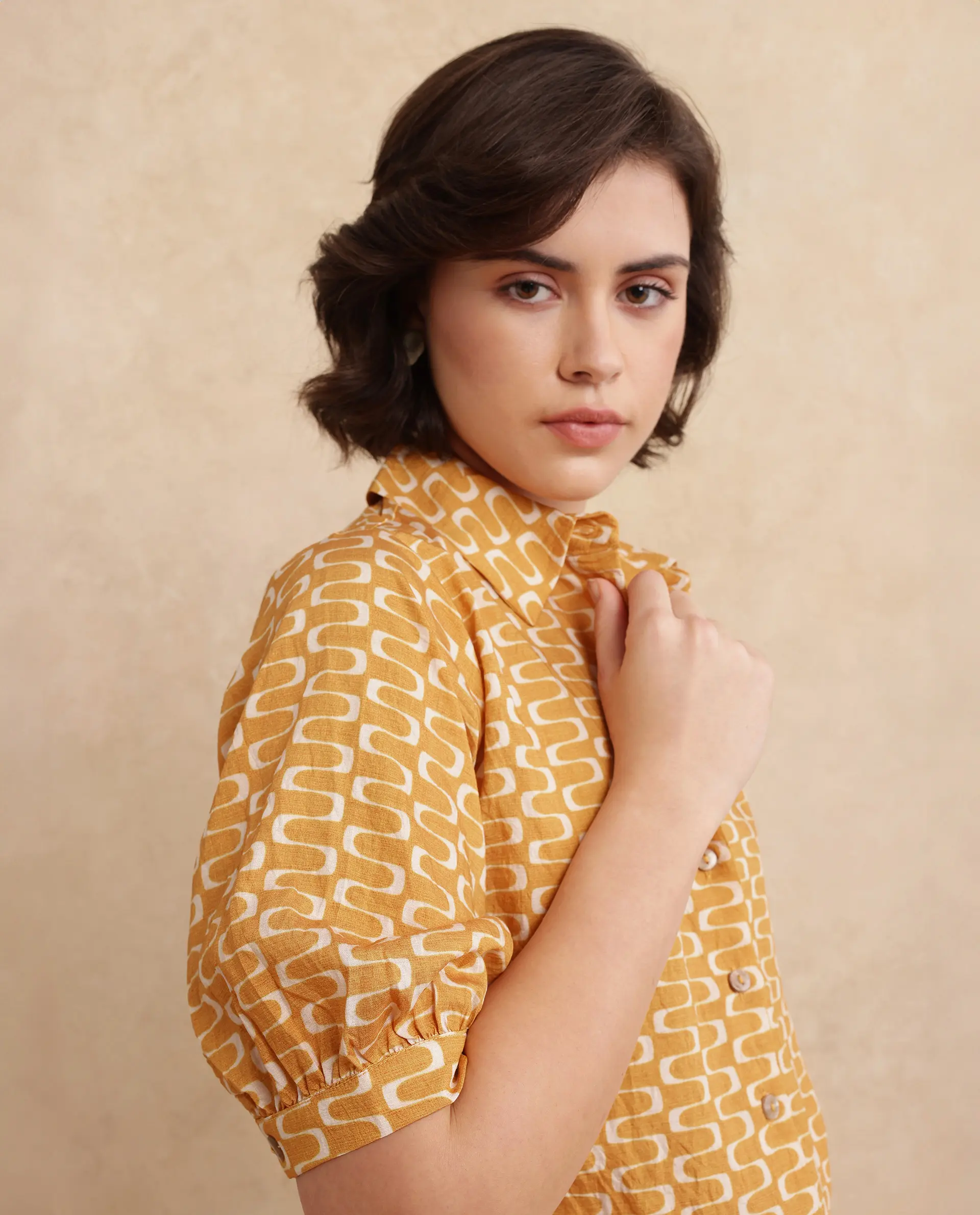 Rareism Women's Guno Yellow Cotton Blend Drop Collar Geometric Print Bishop Sleeve Regular Fit Shirt - Image 3