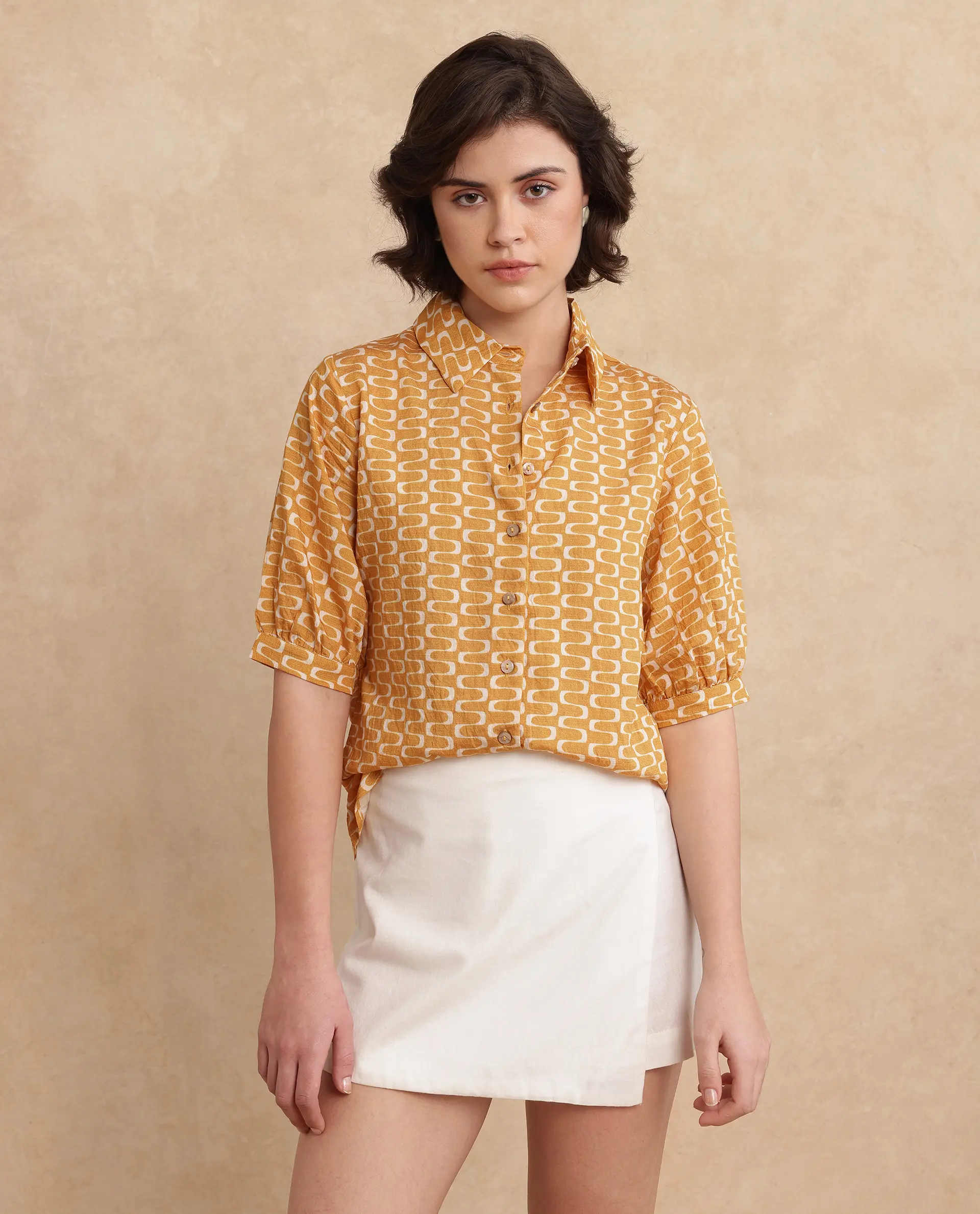 Rareism Women's Guno Yellow Cotton Blend Drop Collar Geometric Print Bishop Sleeve Regular Fit Shirt - Image 4