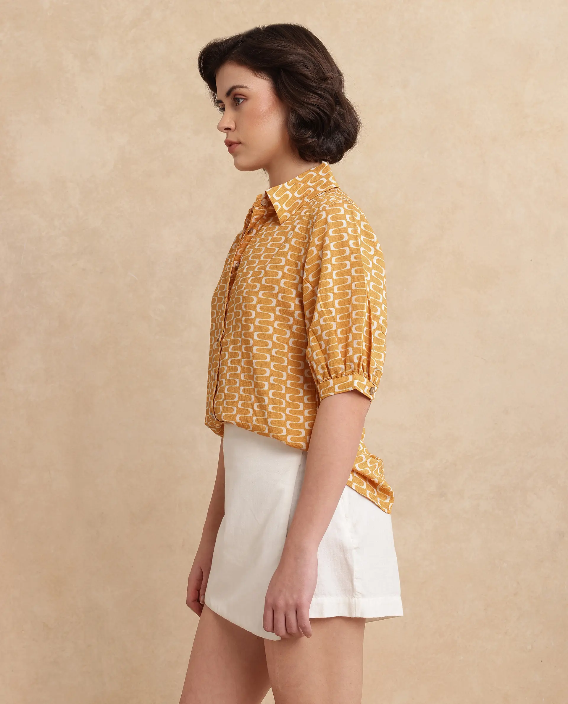 Rareism Women's Guno Yellow Cotton Blend Drop Collar Geometric Print Bishop Sleeve Regular Fit Shirt - Image 5