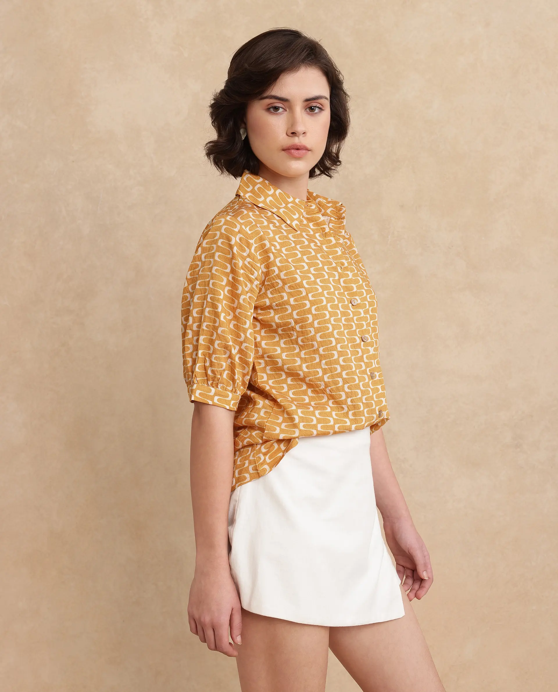 Rareism Women's Guno Yellow Cotton Blend Drop Collar Geometric Print Bishop Sleeve Regular Fit Shirt - Image 6