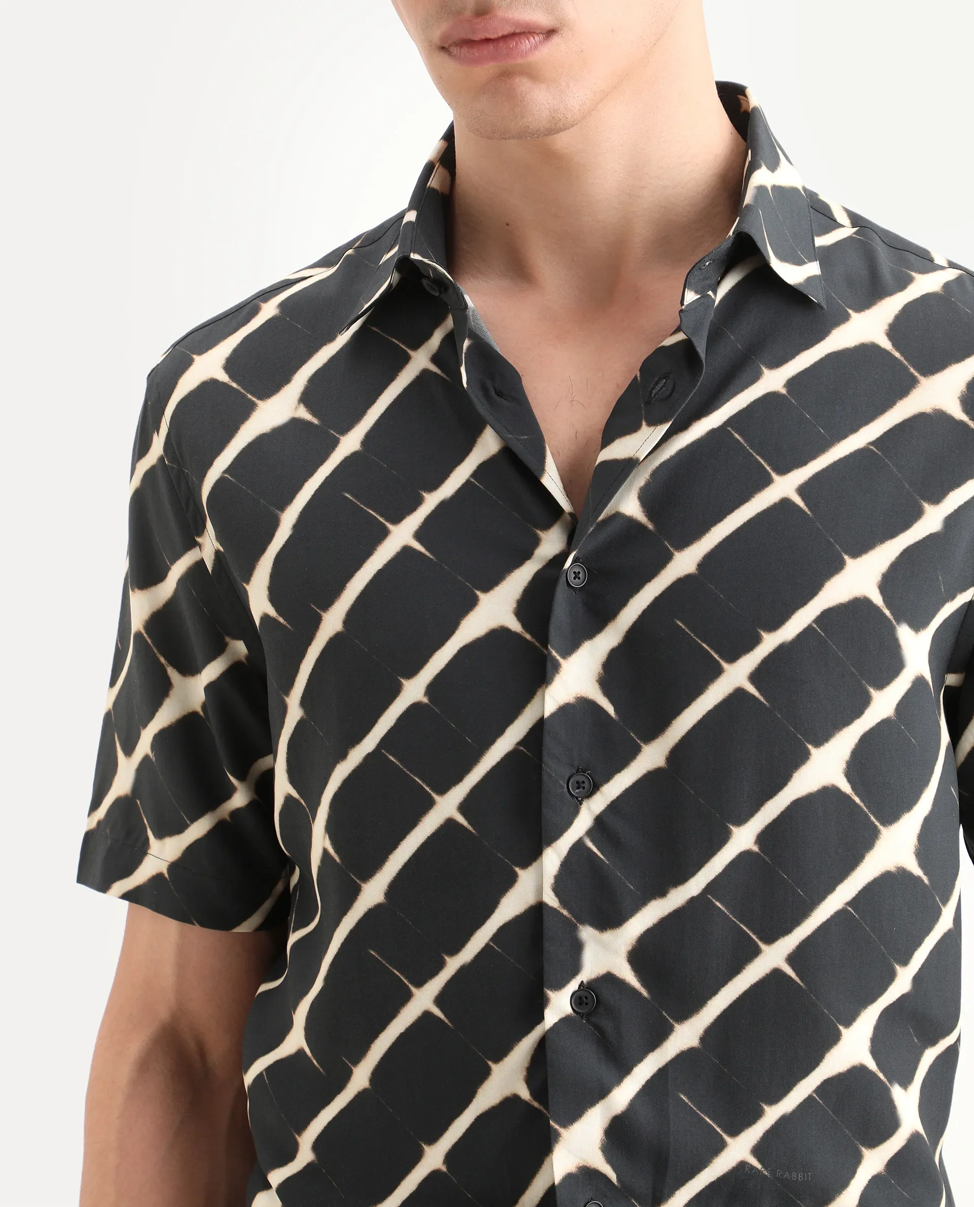 Rare Rabbit Men's Gunt Black Viscose Fabric Half Sleeve Spread Collar Regular Fit Abstract Print Shirt - Image 3