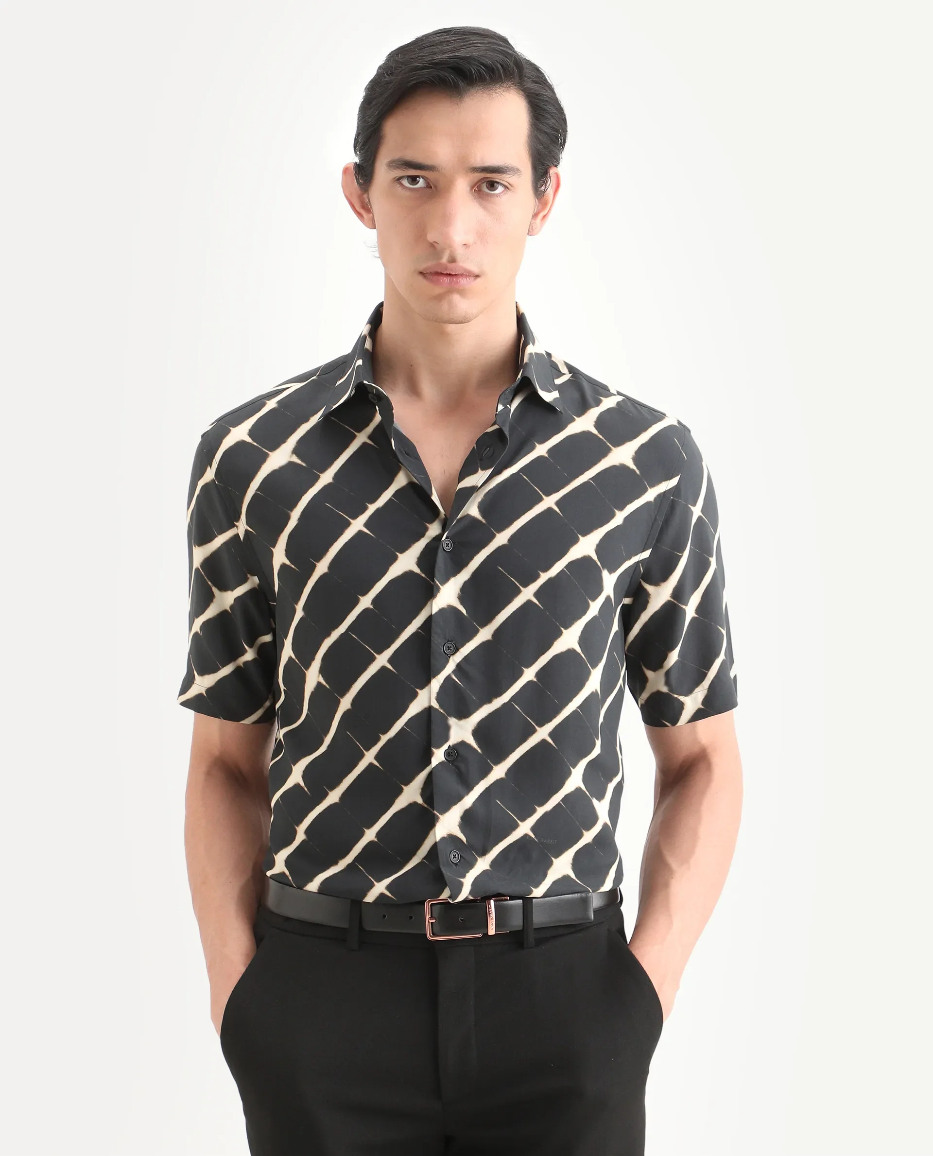 Rare Rabbit Men's Gunt Black Viscose Fabric Half Sleeve Spread Collar Regular Fit Abstract Print Shirt - Image 4