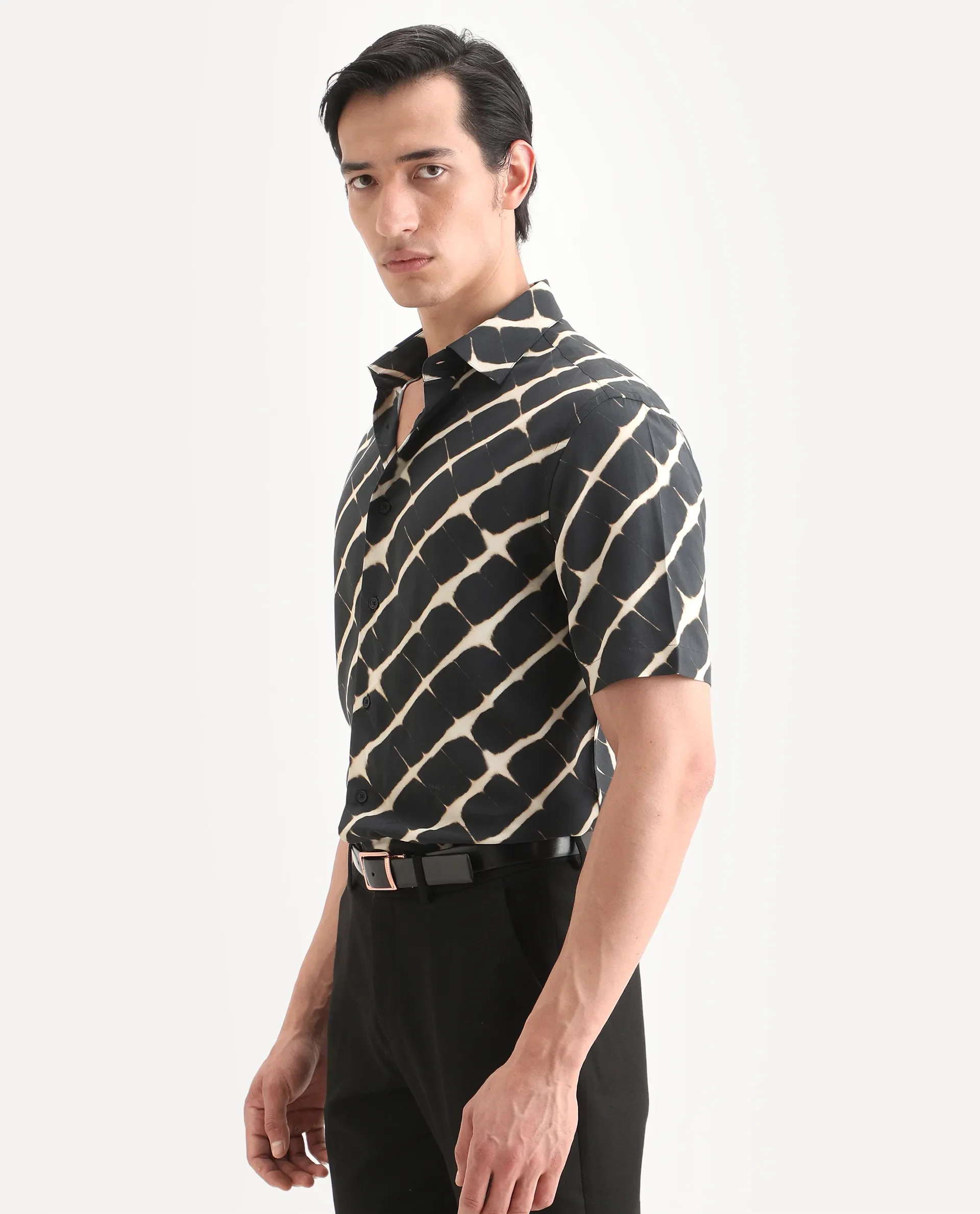 Rare Rabbit Men's Gunt Black Viscose Fabric Half Sleeve Spread Collar Regular Fit Abstract Print Shirt - Image 5